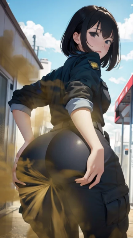 ((velocity)),Attacked by farts, (((Women farting))),(girl farting while refuel the car),velocity,)(a female gas station operator),(wearing a mechanic clothing),(her butt facing screen)) (short blackhair),(anime girl),(Gas Station ),(masterpiece:1.2、top-quality, best-quality)、(the Extremely Detailed CG Unity 8K Wallpapers、ultra-detailed、Best Shadows)、(Detailed background)、(The best lighting、extremely delicate and beautiful)、depth of fields、1girl in、solo、upward looking gaze、