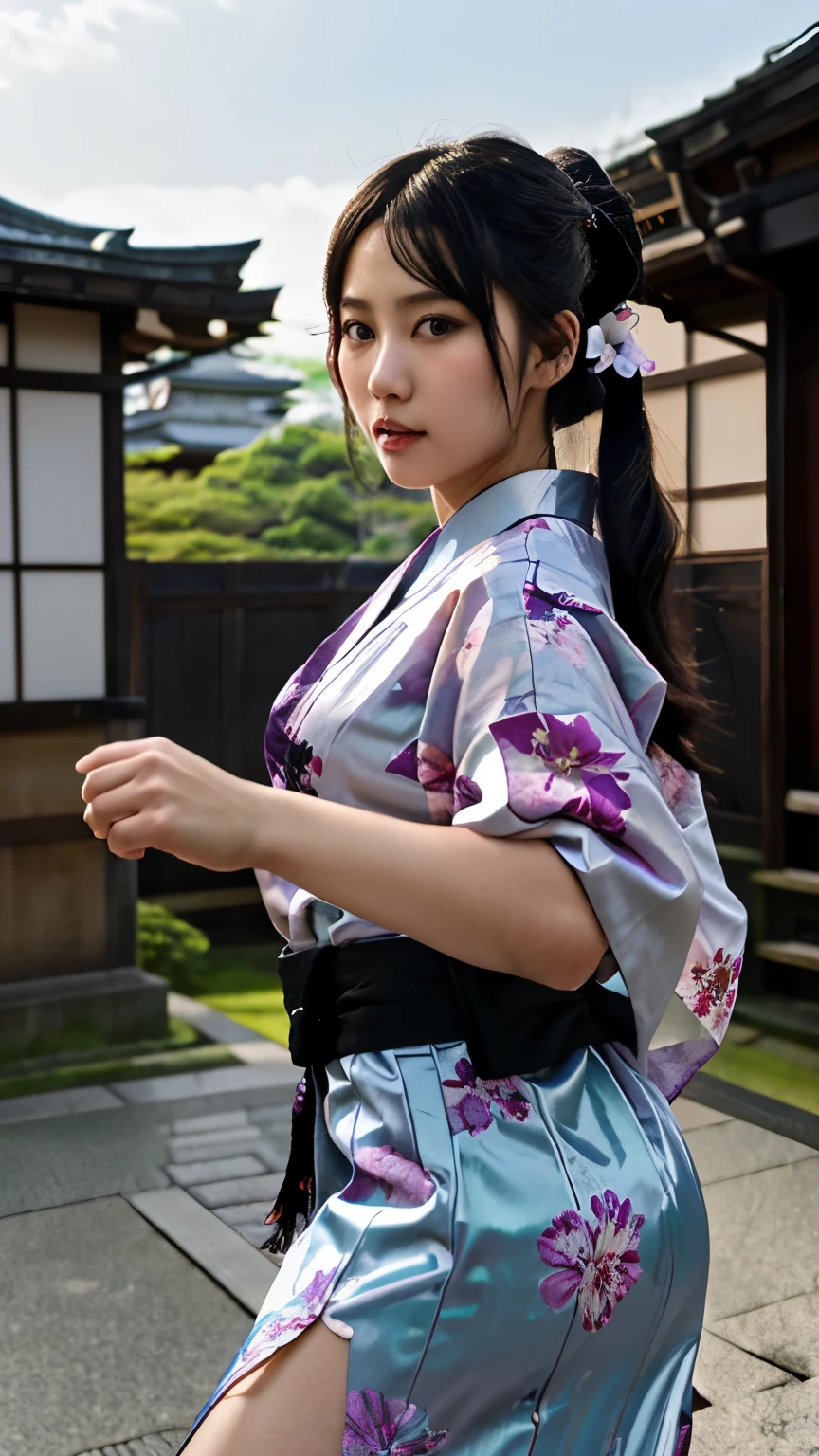 NSFW、最high quality、high quality、best image quality、8K、最High resolution、High resolution、最high quality、masterpiece、RAW photo、realistic atmosphere、(detailed face)、(fine hands、thumb1reference4)、(beauty of japan )、very nice face、cute face、((beautiful japanese girl))、(japanese woman), ((18 year old beautiful girl))、(glossy black hair)、(straight long hair)、(ponytail)、whole body、slim style、(shiny skin)、(Fair skin, Glossy skin)、real human skin、realistic human body structure、perfect body, perfect face, perfect hands, perfect fingers, perfect lips, perfect eyes,perfect teeth、perfect background, perfect atmosphere, natural soft light、photon mapping、samurai kimono、maiko kimono、servant、geisha kimono、japanese kimono、japanese traditional、In front of a samurai residence in Japan、((Sheer transparent random color(floral samurai kimono、side slit hakama))、((Random pose with movement))、((Angles from random angles))