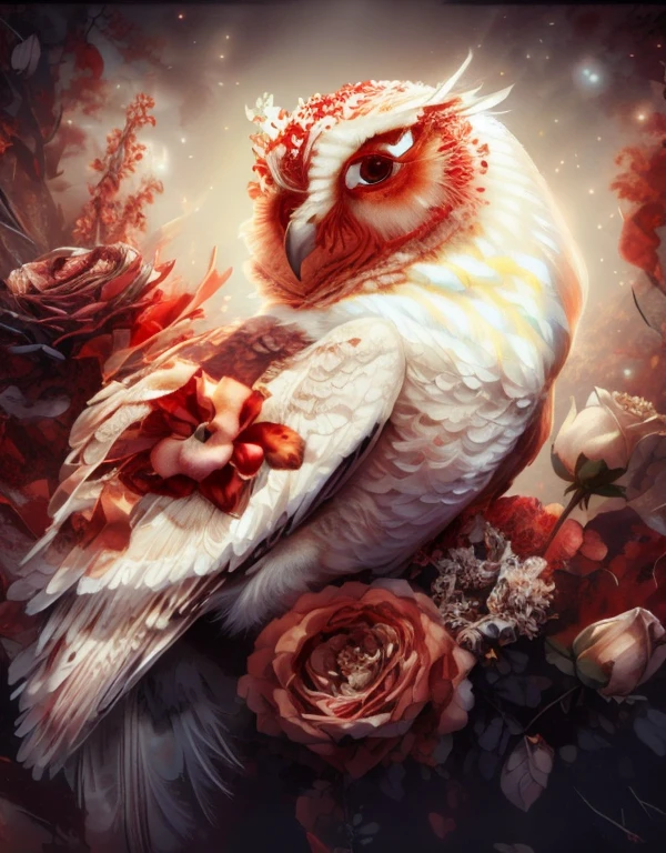 painting of a white owl sitting on a branch with red roses, glowing white owl, radiant owl, detailed beautiful animals, glowing owl, beautiful digital artwork, 8k high quality detailed art, beautiful digital art, beautiful and elegant, beautiful gorgeous digital art, high detailed), beautiful art, highly detailed digital artwork, beautiful animal pearl queen, 4k highly detailed digital art