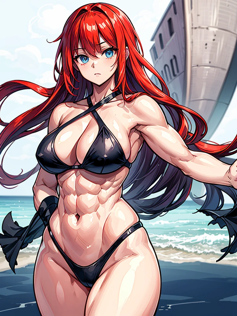 （（（masterpiece、Highest image quality、highest quality、highly detailed unity 8ｋwallpaper）））、（（Illustration of one girl））、（（（beautiful girl）））、（（red hair、Braid、sidelocks：1.4、blue eyes））、（（（stocky build：1.5, thickset physique：1.6, muscular legs, broad shoulders：1.6, solid chest：1.5）））、swimsuit、sandy beach