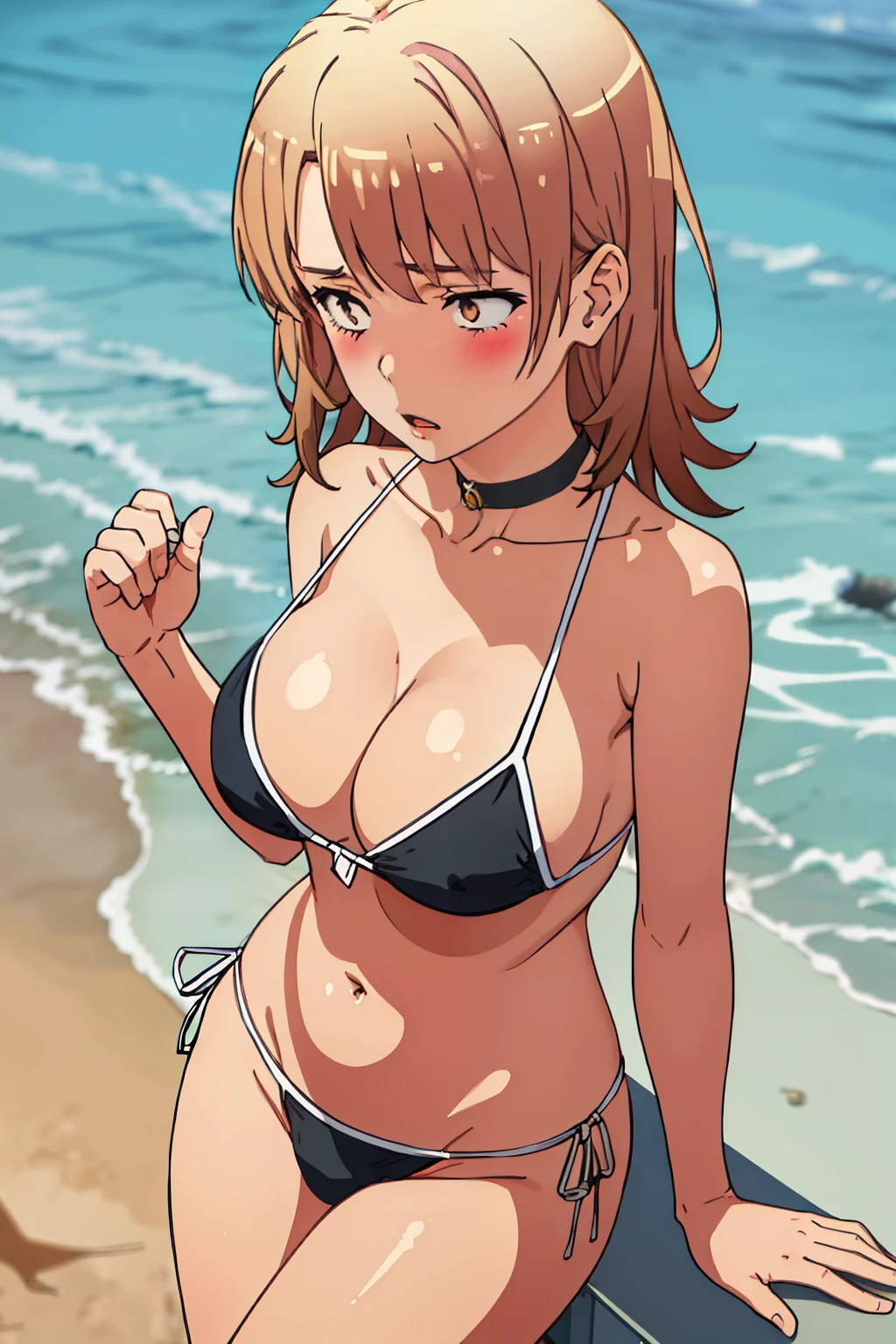 (masterpiece, best quality:1.2), 1girl,  large breasts, choker, timid, blush, bikini, beach, from above