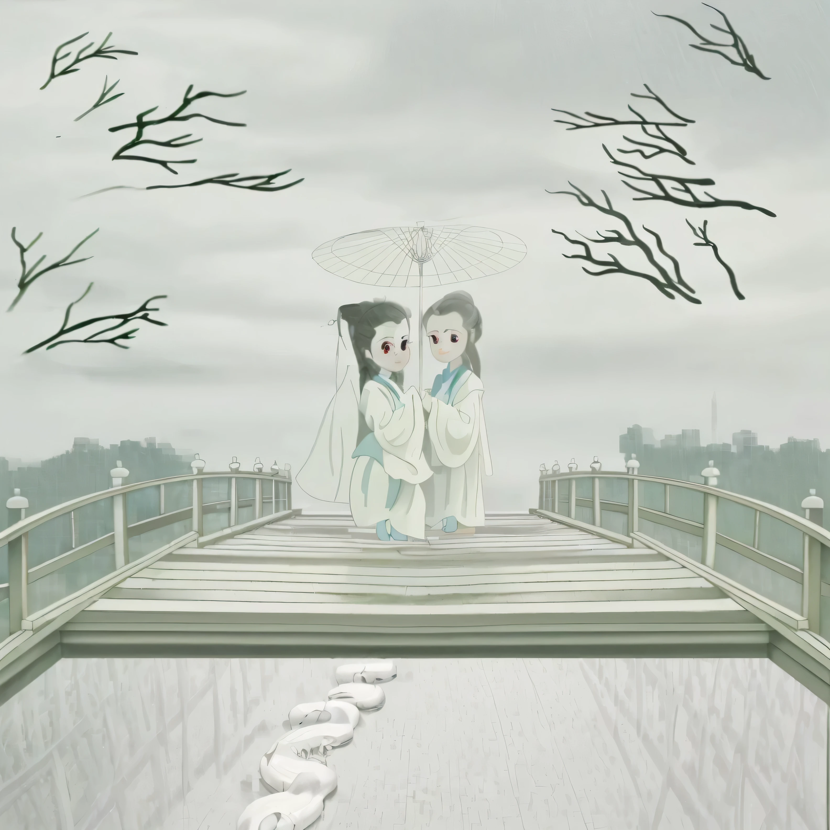 White Snake and Xu Xian holding umbrellas on the Broken Bridge in Hangzhou，want to meet.，It&#39;s raining lightly