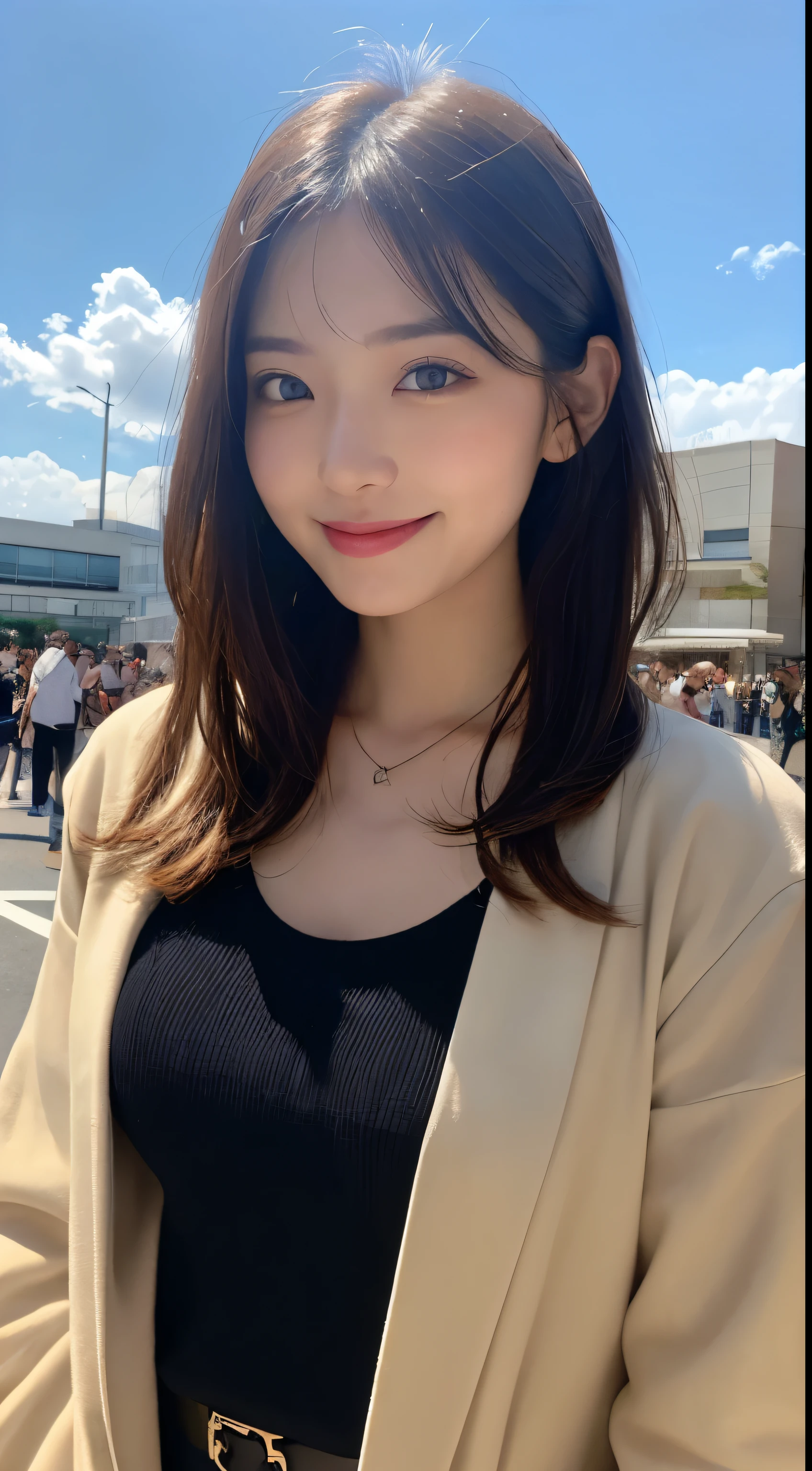 She looks happy when she sees this、casual clothes、Under the autumn sky、muste piece, best quality, illustration, Super detailed, fine details, High resolution, 8K Denden Wallpaper, perfect dynamic composition, beautiful detailed eyes, ladies fashion summer,bob hair,middle of chest, natural color lip, bold sexy pose,shy smile,Harajuku style、20 year old girl、cute type、sexy shot looking at camera
