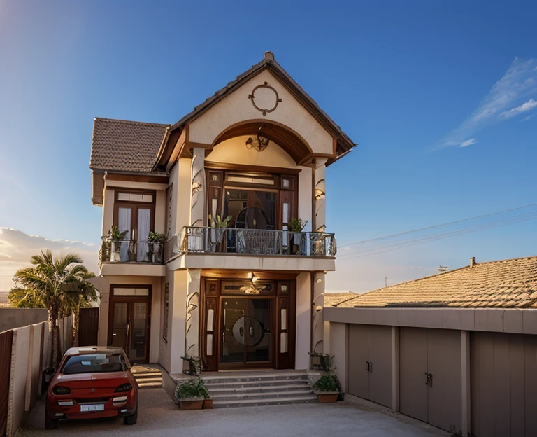 2-storey house in the countryside, daytime sky, people in front of the door and on the 2nd floor balcony.
