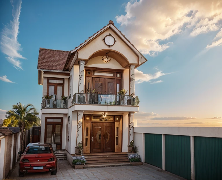 2-storey house in the countryside, daytime sky, people in front of the door and on the 2nd floor balcony.