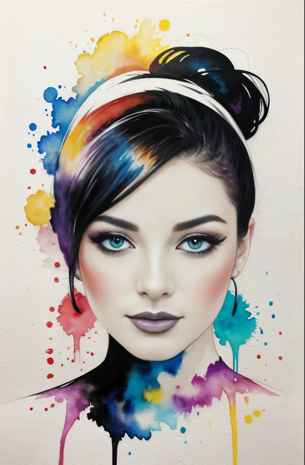 painting of a woman with a black and white face, Sylvia Pelissero watercolors, tumbler, abstract art, Intense watercolor painting, watercolor detailed art, Watercolor Splash, surreal, Avant-garde pop art, Beautiful and expressive paintings, Beautiful artwork illustration, very colorful tones, wonderful, cool beauty, highest quality,official art, women only, sharp outline, best shot, vector art
