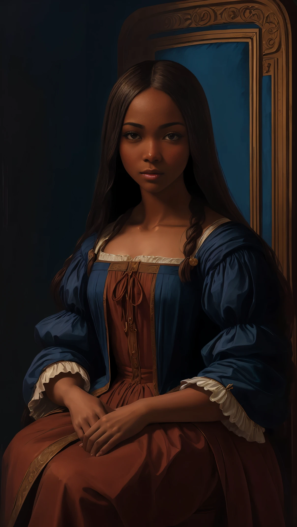 oil painting by Leonardo da Vinci, realistic portrait, closeup face of Gabrielle Union with dark skin, ebony nose, long hair, her eyes are sweet and vibrant, her face symmetrical, rich coffee brown skin, softly lit luminosity on the face by REMBRADT, sitting position, Adobe Illustration, Trending on Artstation, 8K, hd, cinematic, masterpiece, magnificent art, courtesan dress, best quality, romanticism Renaissance period, oil on canvas, rich blue background, matte finish 