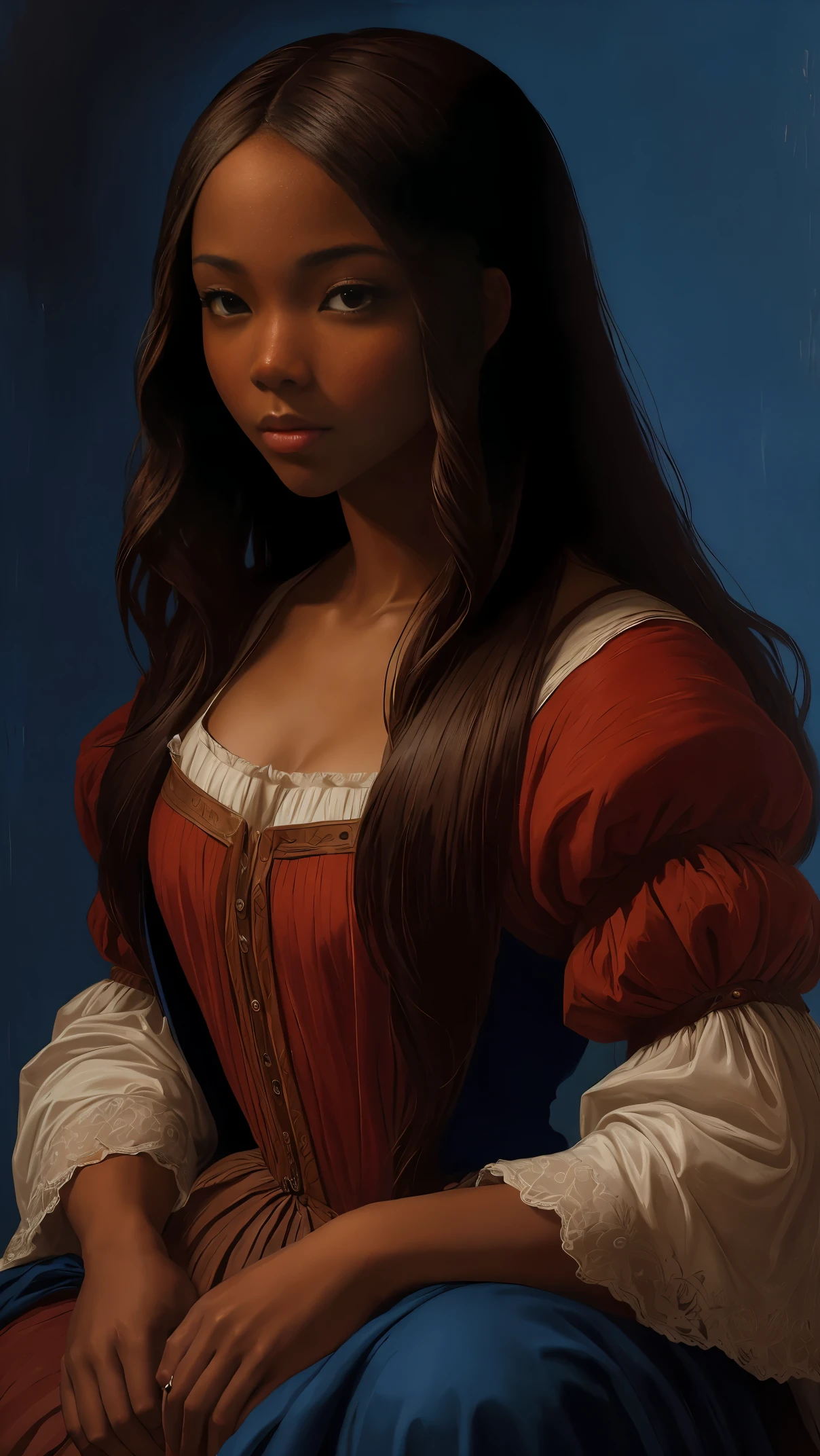 oil painting by Leonardo da Vinci, realistic portrait, closeup face of Gabrielle Union with dark skin, ebony nose, long hair, her eyes are sweet and vibrant, her face symmetrical, rich coffee brown skin, softly lit luminosity on the face by REMBRADT, sitting position, Adobe Illustration, Trending on Artstation, 8K, hd, cinematic, masterpiece, magnificent art, courtesan dress, best quality, romanticism Renaissance period, oil on canvas, rich blue background, matte finish 