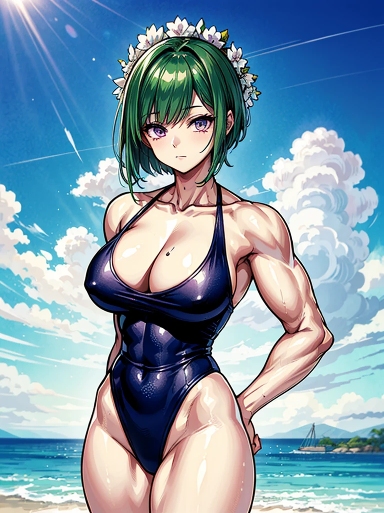 （（（masterpiece、Highest image quality、highest quality、highly detailed unity 8ｋwallpaper）））、（（Illustration of one girl））、（（（beautiful girl）））、（（green hair、very short hair：1.6、sidelocks、purple eyes））、（stocky build, thickset physique, muscular legs：1.5, broad shoulders, solid chest）、swimsuit、sandy beach