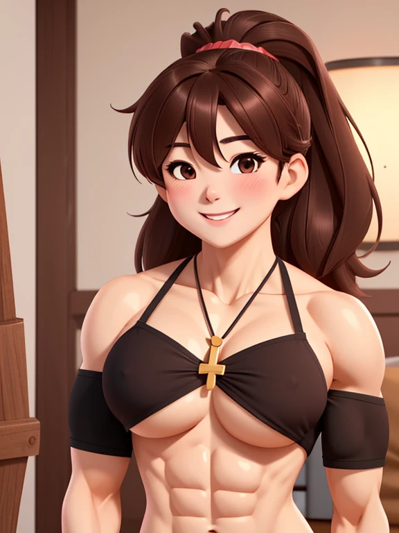attractive korean woman, ripped muscle, muscular body, small breast, pale skin, smile(blush), nude, cross pendant, sixpack abs, [ultra detailed skin:1.2], brown hair, messy hair, 8k uhd, full body, standing, bed,