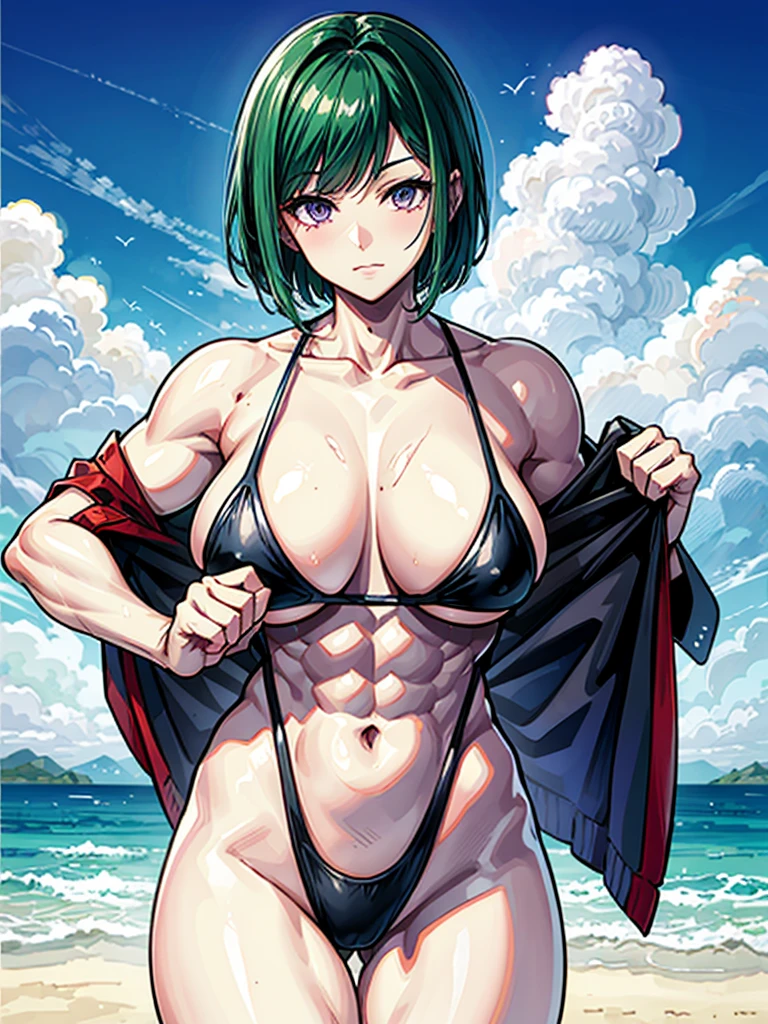 (((masterpiece、Highest image quality、highest quality、highly detailed unity 8kwallpaper)))、((Illustration of one girl))、(((beautiful girl)))、((green hair、very short hair:1.6、sidelocks、purple eyes))、(stocky build, thickset physique, muscular legs:1.5, broad shoulders, solid chest)、swimsuit、sandy beach