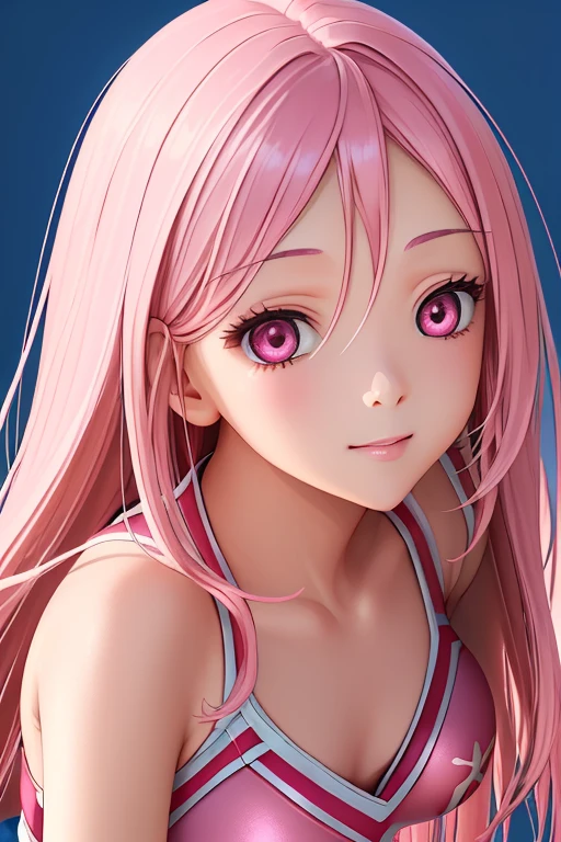 (Beautiful detailed eyes: 1.2), (small eyes and small face:1.3), (beautiful and clear background:1.2), (very detailedCG, best shadow:1.1), (white background:0.5), (so beautiful: 1.1), (perfect details: 1.1) 、digital illustration, very detailed, sharp focus, intricate details, Glossy skin、dense hair description, detailed eye description, high quality, best image quality, master piece, 最high quality, High resolution, super detailed, one woman, ((Pink hair and pink eyes)), (Cheerleader:1.5), (pom pom:0.5), I'm rooting for you, (best smile), Angle of looking up、big breasts、perfect style、The most beautiful in the world