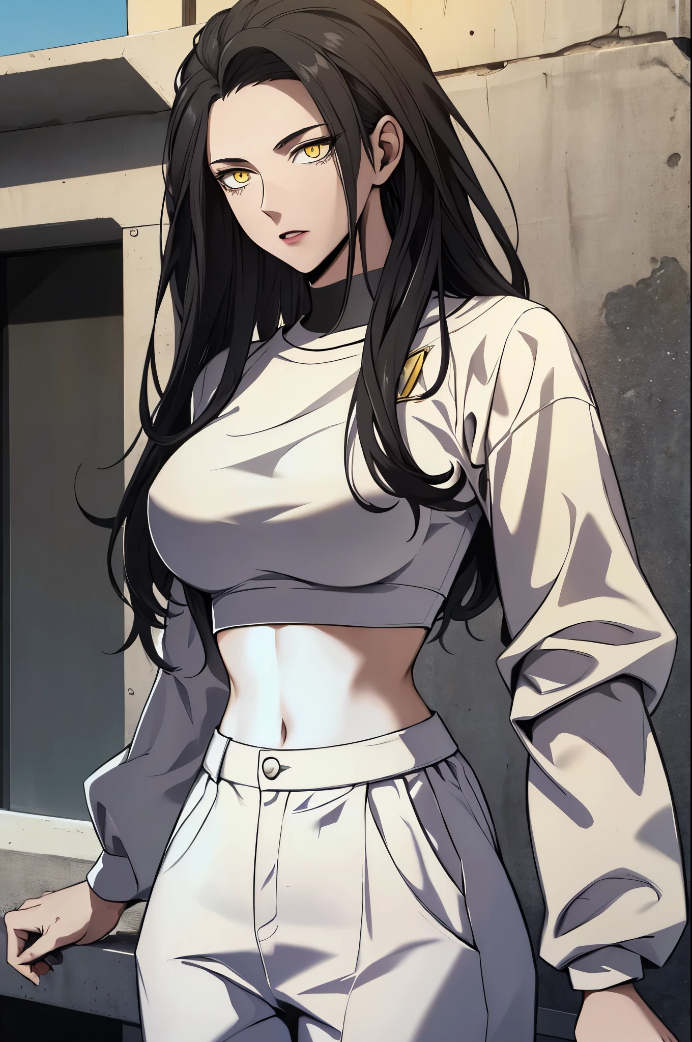 black hair,yellow eyes,(high quality eyes),masterpiece, best quality, high quality, highres, outdoors, looking at viewer, white shirt, crop top, midriff, navel, white pants, Jenny, tall female,
