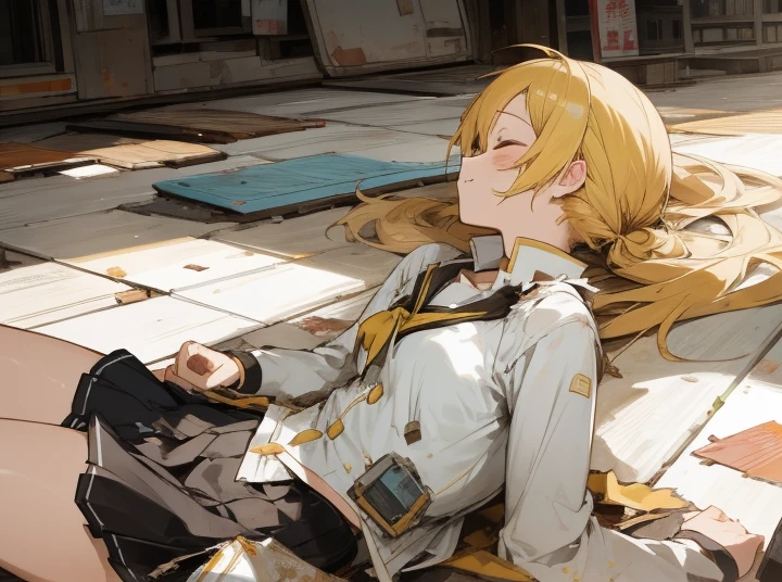 anime girl laying down on the ground, mami tomoe, 1 girl, closed eyes, torn clothes, torn skirt BREAK white underwear, wreck, scenery, dirty, injury