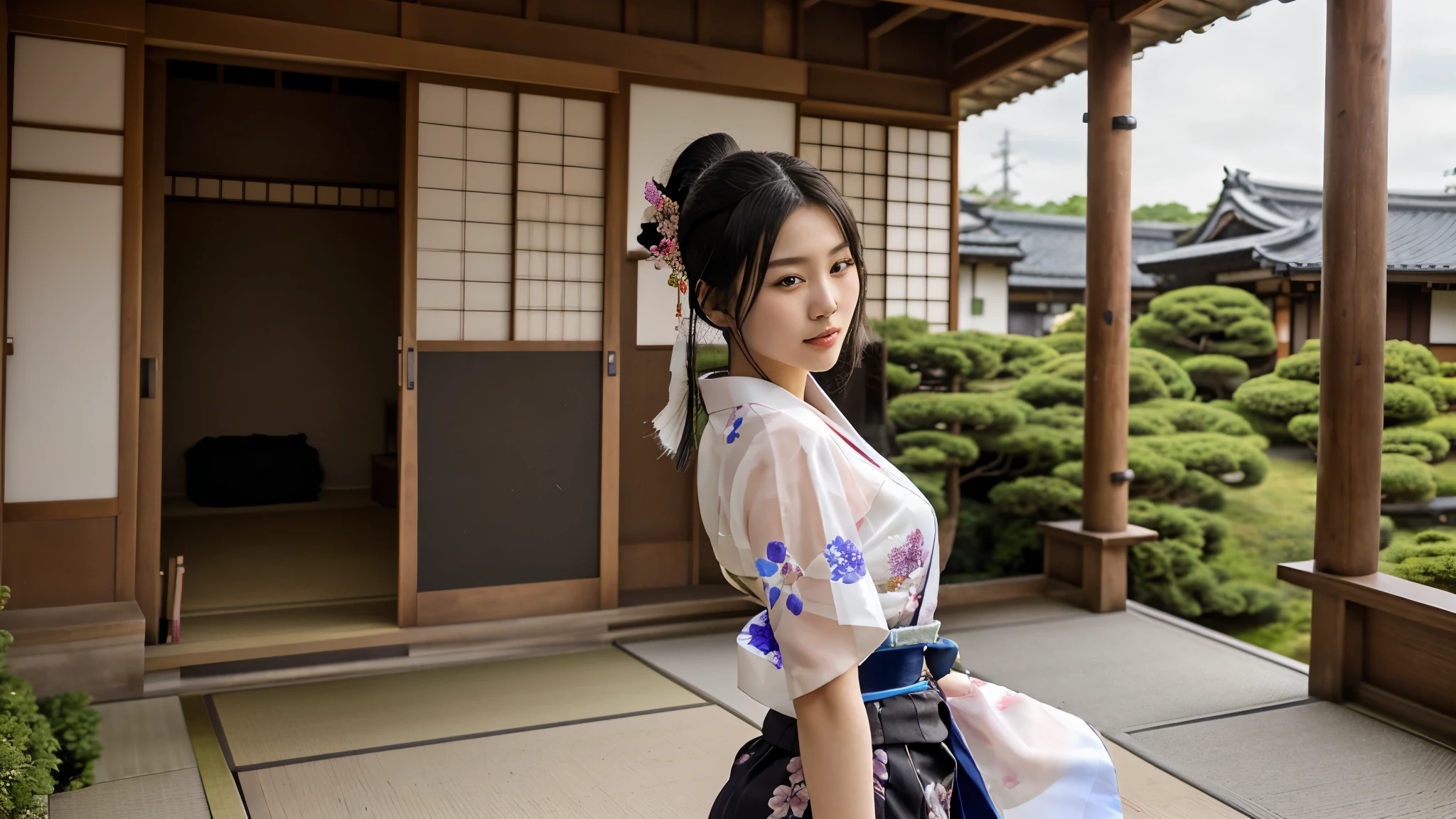 NSFW、最high quality、high quality、best image quality、8K、最High resolution、High resolution、最high quality、masterpiece、RAW photo、realistic atmosphere、(detailed face)、(fine hands、thumb1reference4)、(beauty of japan )、very nice face、cute face、((beautiful japanese girl))、(japanese woman), ((18 year old beautiful girl))、(glossy black hair)、(straight long hair)、(ponytail)、whole body、slim style、(shiny skin)、(Fair skin, Glossy skin)、real human skin、realistic human body structure、perfect body, perfect face, perfect hands, perfect fingers, perfect lips, perfect eyes,perfect teeth、perfect background, perfect atmosphere, natural soft light、photon mapping、samurai kimono、maiko kimono、servant、geisha kimono、japanese kimono、japanese traditional、In front of a samurai residence in Japan、((Sheer transparent random color(floral samurai kimono、side slit hakama))、((Random pose with movement))、((Angles from random angles))