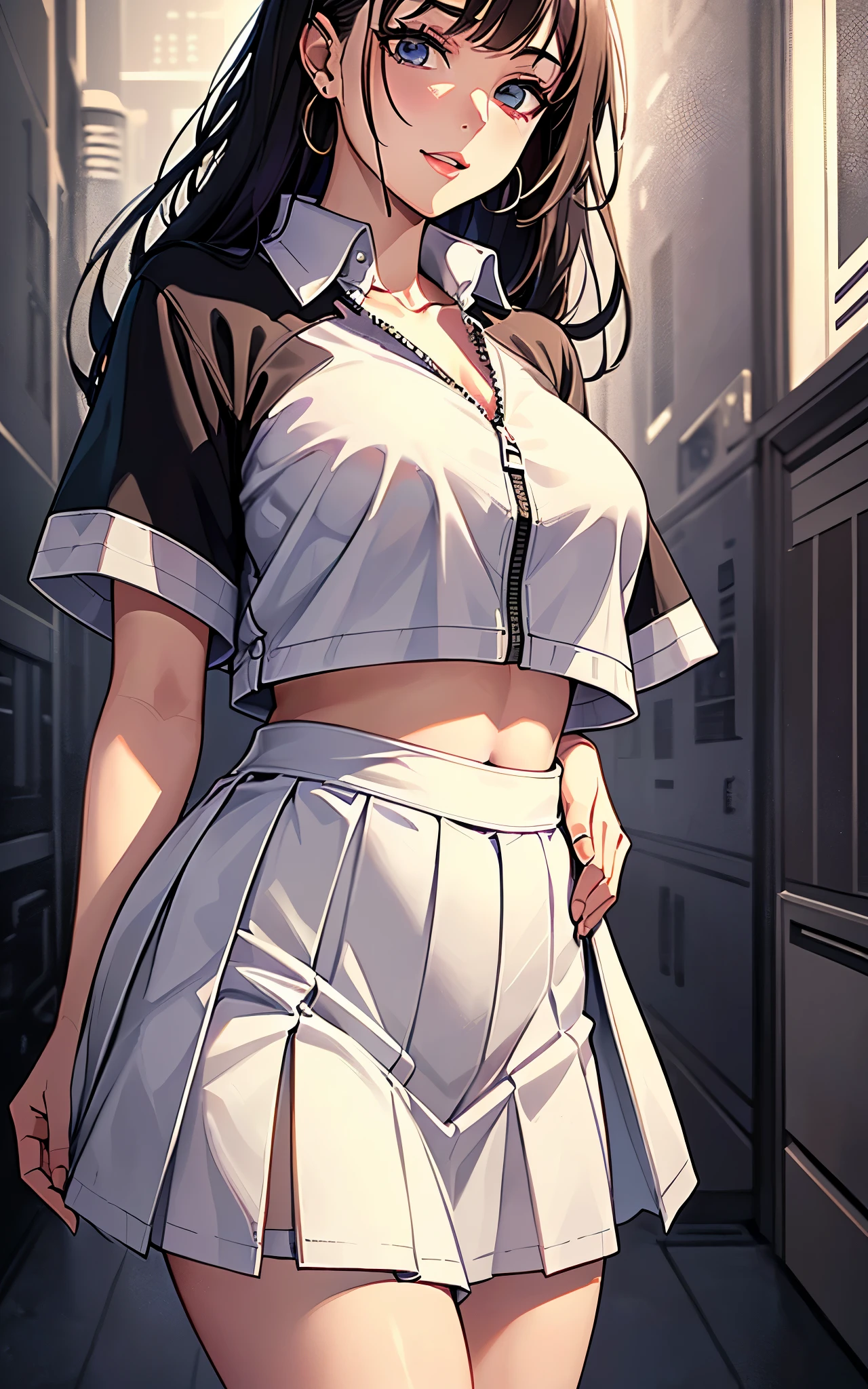 (((masterpiece, best quality, Ridiculousness)))), 1 girl,alone, young Brazilian woman (19 years old, Natural and long black hair (Length to hip height)) Dressed in Japanese school(( white button short shirt,Mini pleated skirt,Alloy white T-zip skin color(Light brown)))), huge, beautiful girl,bright smile