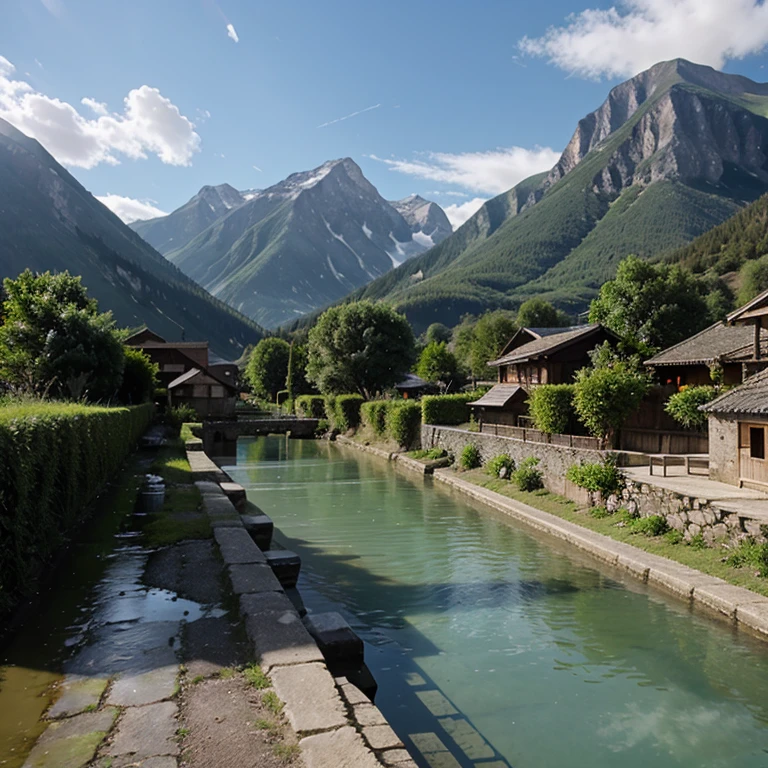 Water, mountain, village