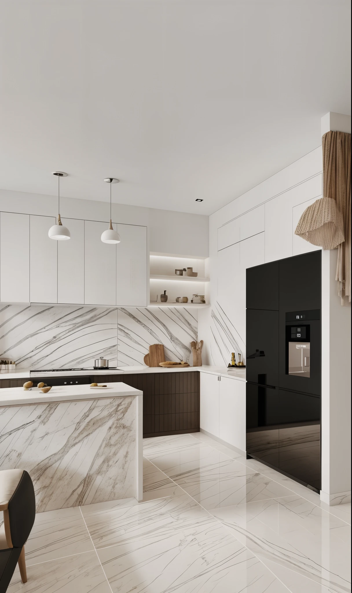 a view of a kitchen with a marble counter top and a refrigerator, excellent 3d render, 3d rendering, 3 d rendering, highly photographic render, stuning 3 d render, high-quality render, kitchen, precise architectural rendering, award-winning render, professional render, exquisite rendering, residential design, high quality 3d render, high quality 3 d render