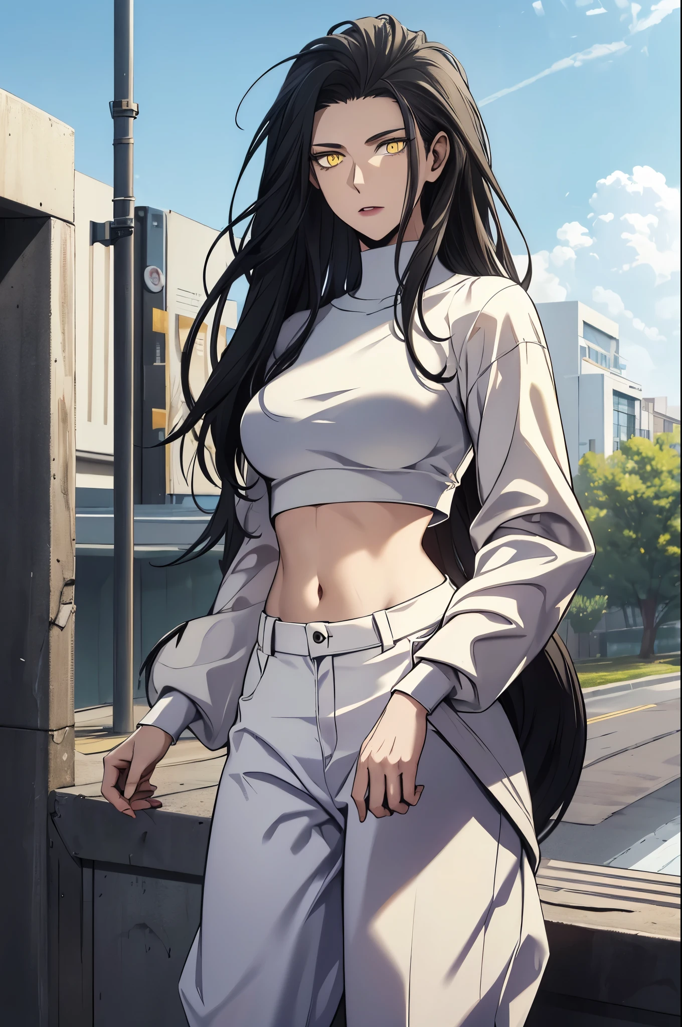 black hair,yellow eyes,(high quality eyes),masterpiece, best quality, high quality, highres, outdoors, looking at viewer, white shirt, crop top, midriff, navel, white pants, Jenny, tall female,
