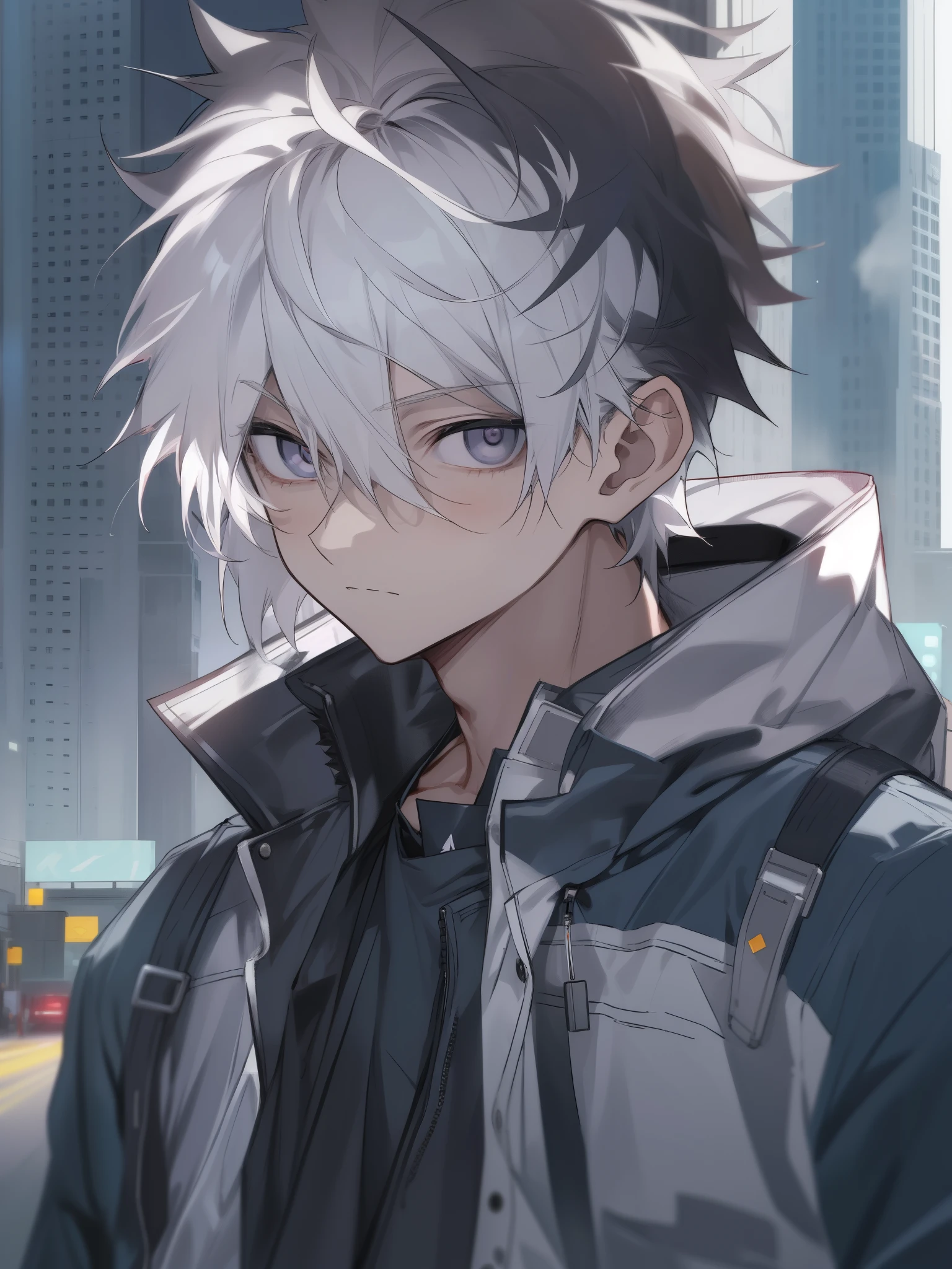 masterpiece, young male, white hair, short hair, messy spikey hair, silver eyes, casual clothing, deep blue tech jacket, black pants, expressionless, city background