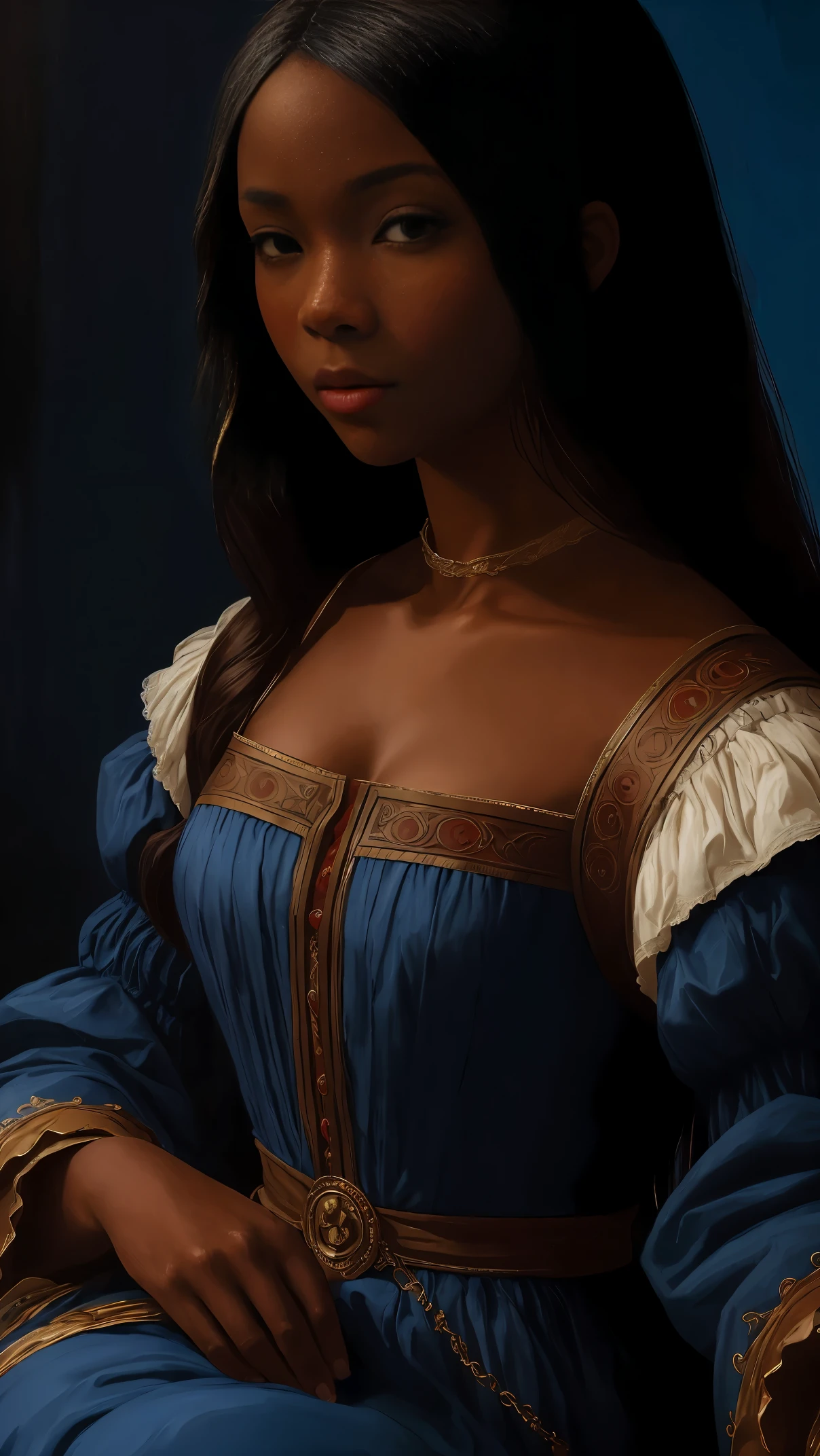 oil painting by Leonardo da Vinci, realistic portrait, closeup face of Gabrielle Union with dark skin, ebony nose, long hair, her eyes are sweet and vibrant, her face symmetrical, rich coffee brown skin, softly lit luminosity on the face by REMBRADT, sitting position, Adobe Illustration, Trending on Artstation, 8K, hd, cinematic, masterpiece, magnificent art, courtesan dress, best quality, romanticism Renaissance period, oil on canvas, rich blue background, matte finish 