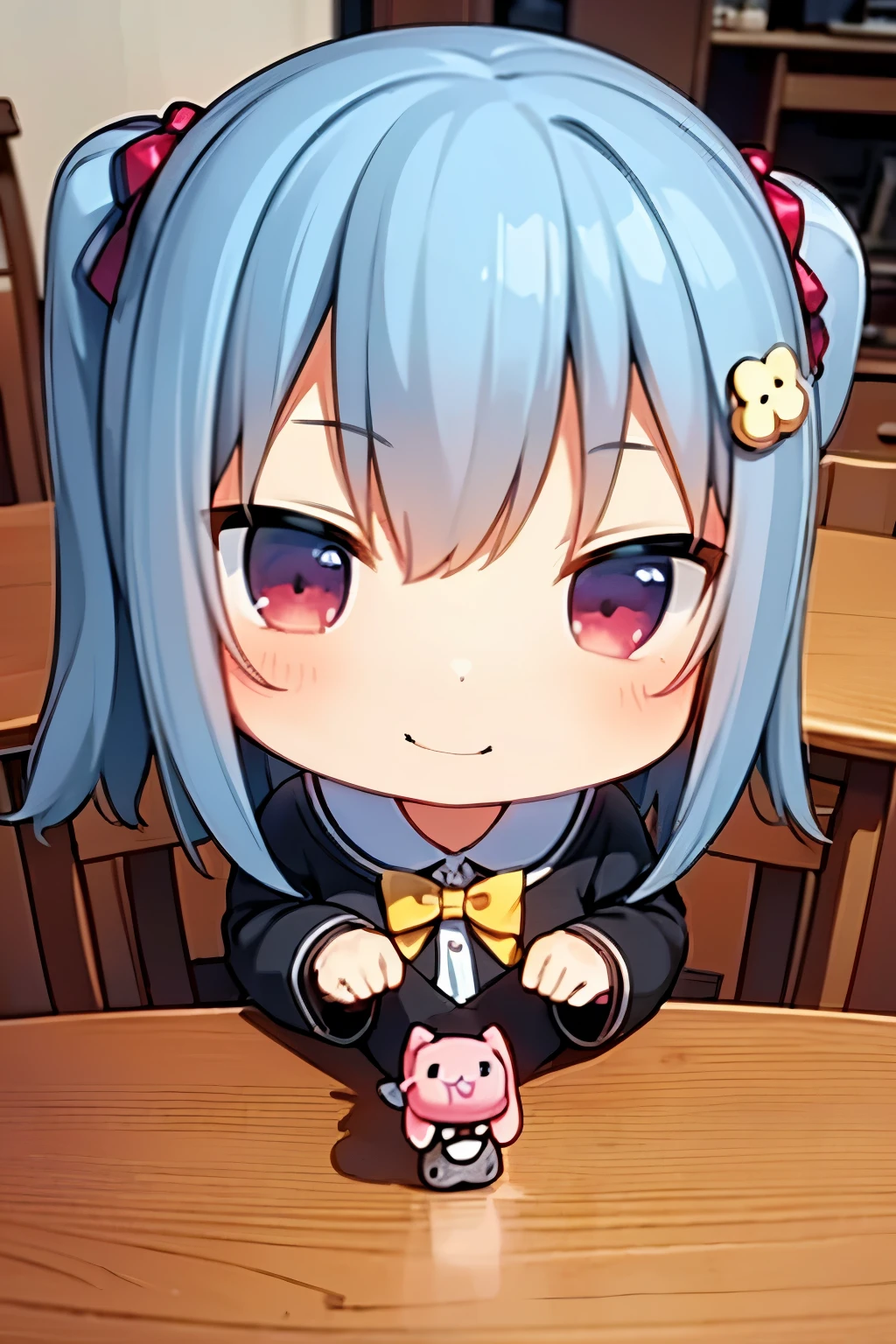 there  a keychain with a doll on it sitting on a table, style as nendoroid, chibi girl,smile, female explorer mini cute girl, nendoroid, nendoroid 3 d, small loli girl, kawaii realistic portrait, cute!! chibi!!! schoolgirl, chibi style, chibi anime girl, cute kawaii girl, small curvy loli