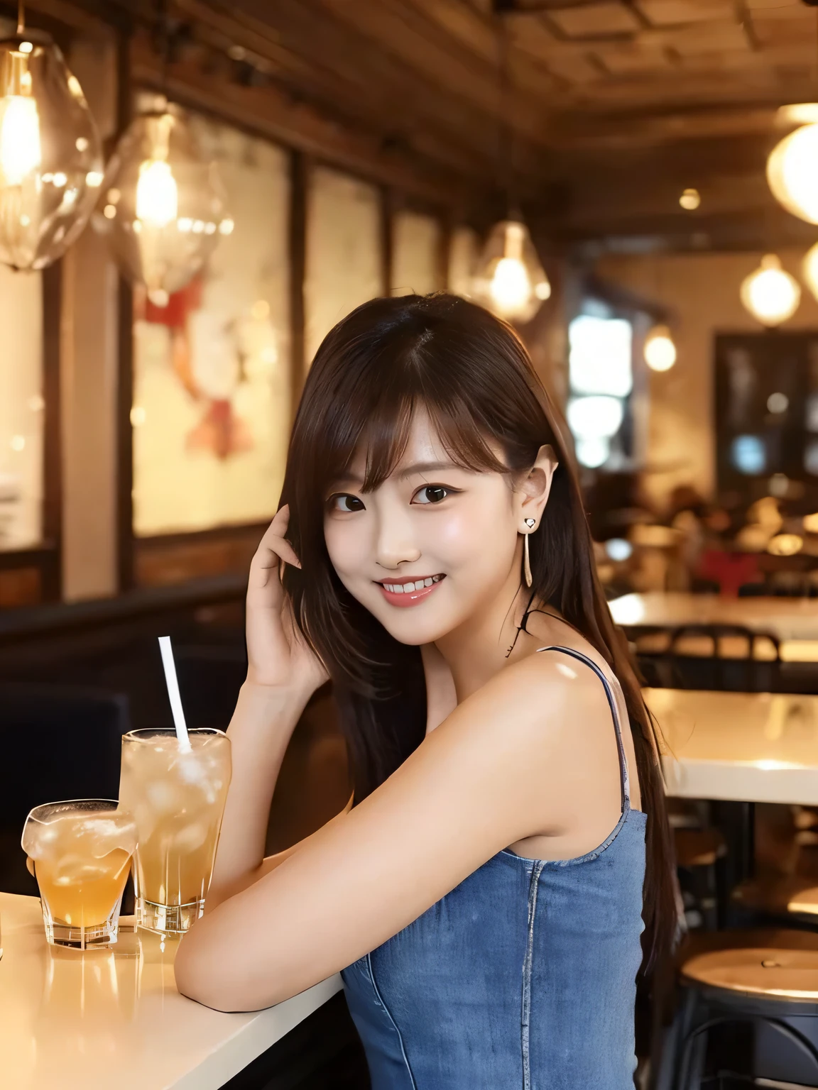 angle from below, a woman has light-brown-skin, round face, blush, casual-clothes, tiny stud earrings, in the restaurant, foods, drinks, (combing her hair herself), smile, got drank a bit,