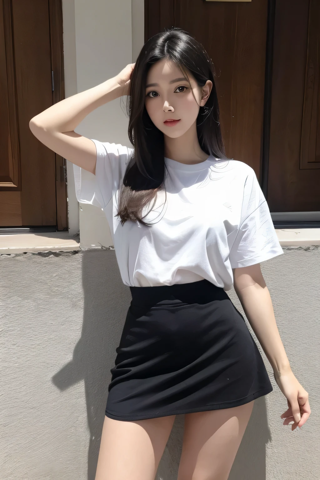 18 year old beautiful girl、Beautiful Face、Long black hair、Big Breasts、tall、whole body、Thighs、White long sleeve shirt、A very small, high-rise pleated skirt with a check pattern、Black Loafers