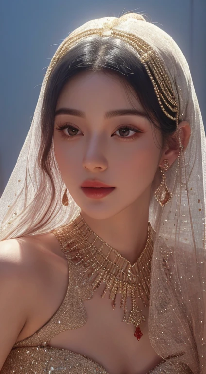 a close up of a woman wearing a gradient red crystal jewel veil and a gold head piece, stunning digital illustration, face covered in beautiful veil,4k highly detailed digital art, beautiful digital artwork, arabian beauty, beautiful digital illustration, 8k stunning artwork, 8k high quality detailed art, intricate wlop, detailed beauty portrait, arabian princess, detailed beautiful portrait, beautiful art uhd 4 k