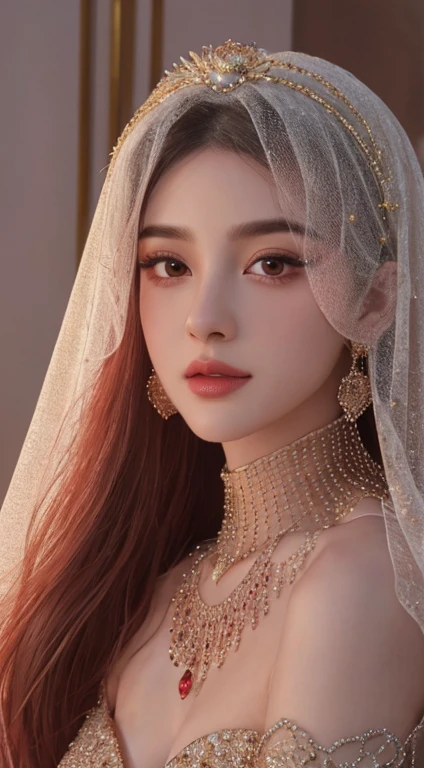 a close up of a woman wearing a gradient red crystal jewel veil and a gold head piece, stunning digital illustration, face covered in beautiful veil,4k highly detailed digital art, beautiful digital artwork, arabian beauty, beautiful digital illustration, 8k stunning artwork, 8k high quality detailed art, intricate wlop, detailed beauty portrait, arabian princess, detailed beautiful portrait, beautiful art uhd 4 k
