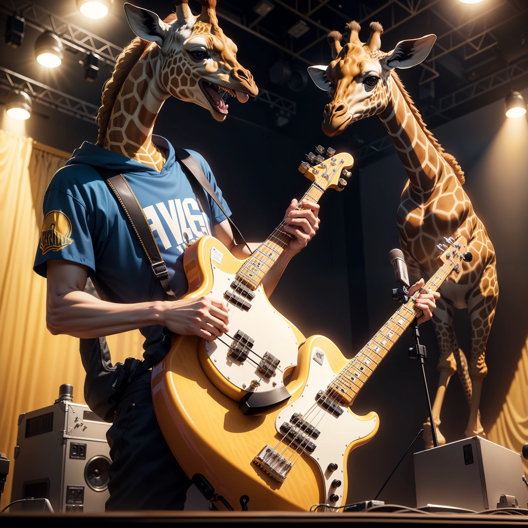 Giraffe playing bass on a fancy stage dressed in GOLDEN STATE WARRIORS clothing,inspired by Chris LaBrooy, inspired by Mike Winkelmann, by Chris LaBrooy, by Mike Winkelmann, beeple style, photography alexey gurylev, beeple and jean giraud, beeple. hyperrealism, photography alexey kurylev