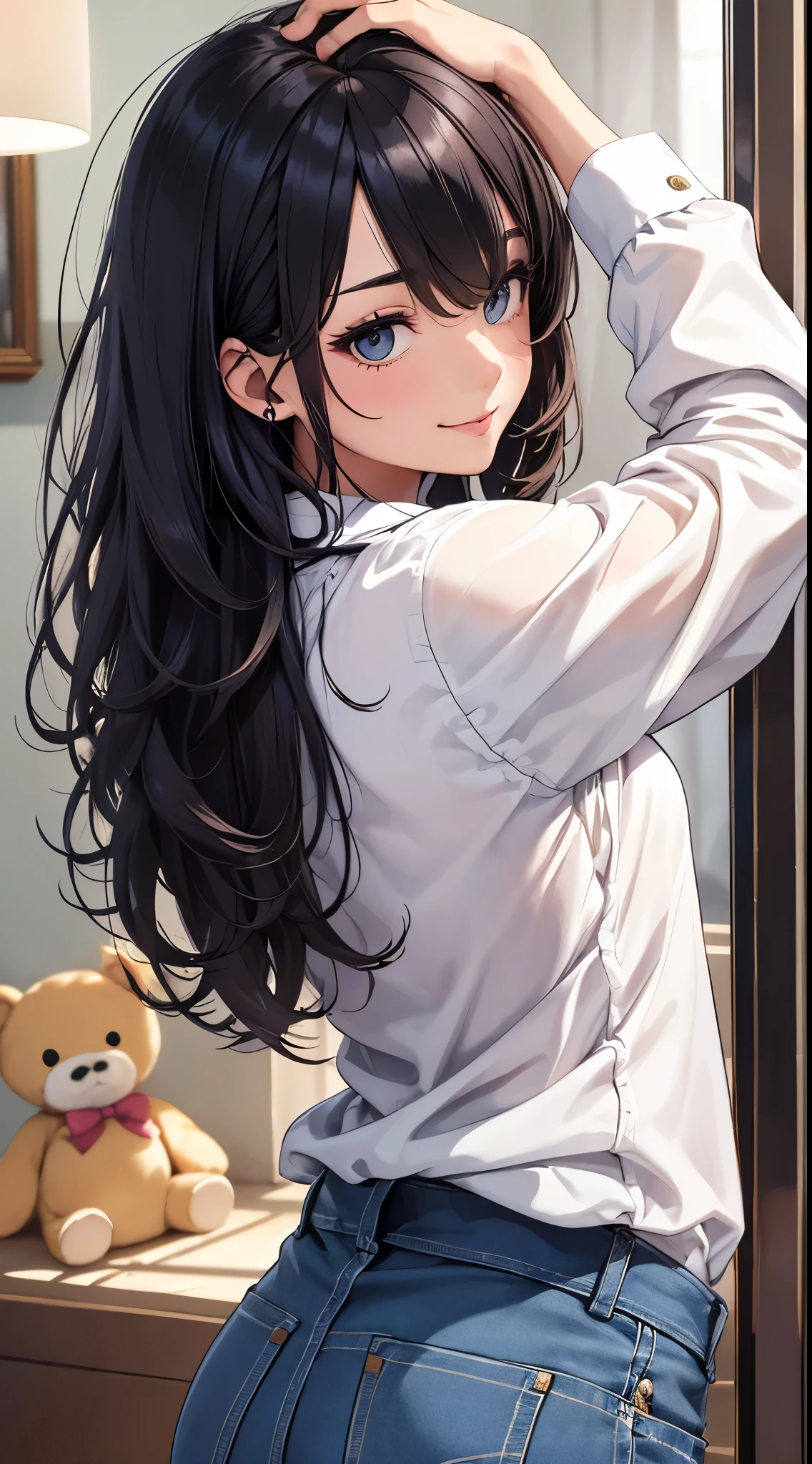 quality、Image Quality、Masterpiece、teenage girl((Blue trousers and Y-shirt、18 years old、 Ajer、best bust、big bast,black eyes, black hair、A slender one,Great Valley、Keep your back straight、Stretch your arms upwards、smile slightly)),高quality、beautiful art、background with((The room nice and clean.、animal stuffed toys、Pink walls))Masterpiece、depth of field,cinematic style