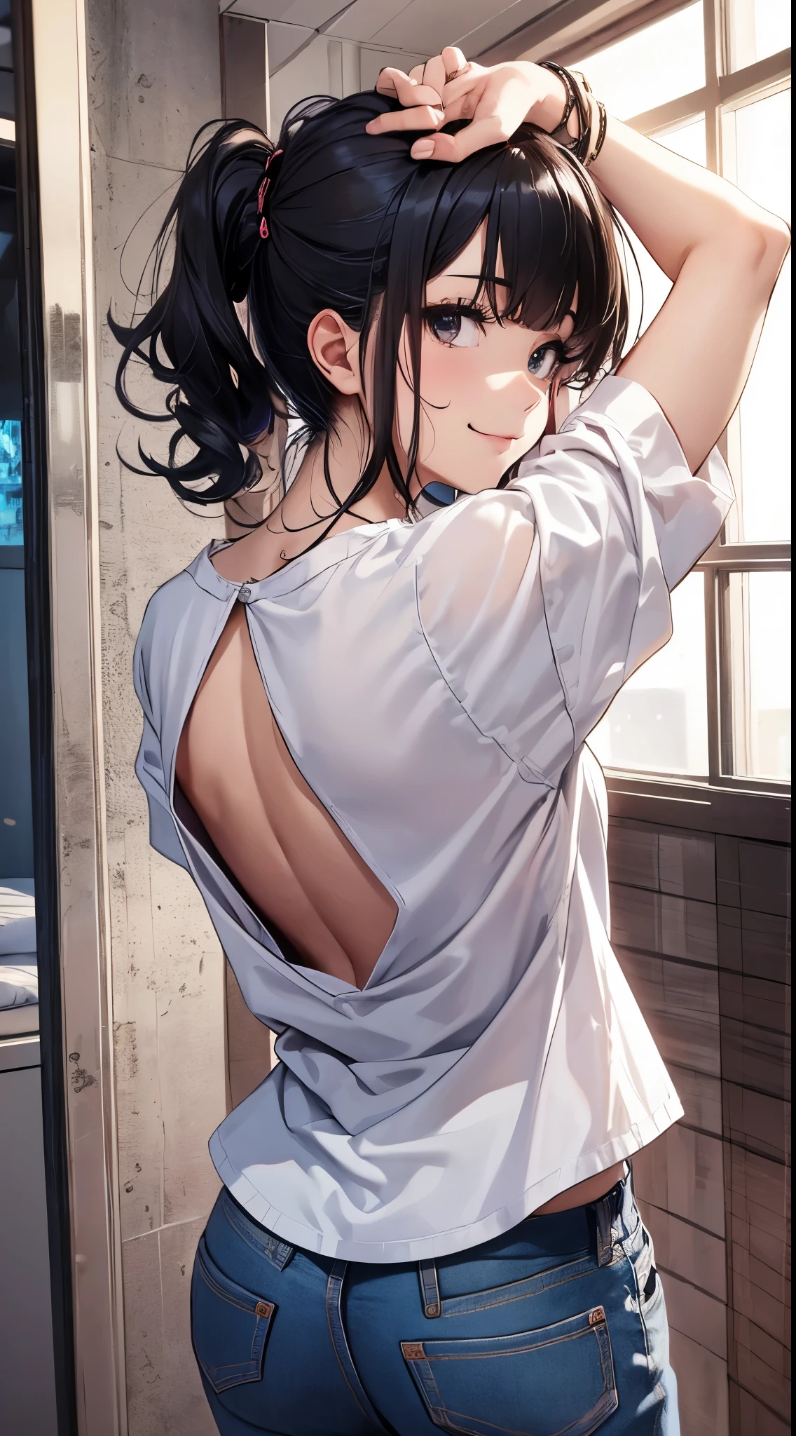 quality、Image Quality、Masterpiece、 girl((Blue trousers and Y-shirt、18 years old、 Ajer、best bust、big bast,black eyes, black hair、A slender one,Great Valley、Keep your back straight、Stretch your arms upwards、smile slightly)),高quality、beautiful art、background with((The room nice and clean.、animal stuffed toys、Pink walls))Masterpiece、depth of field,cinematic style
