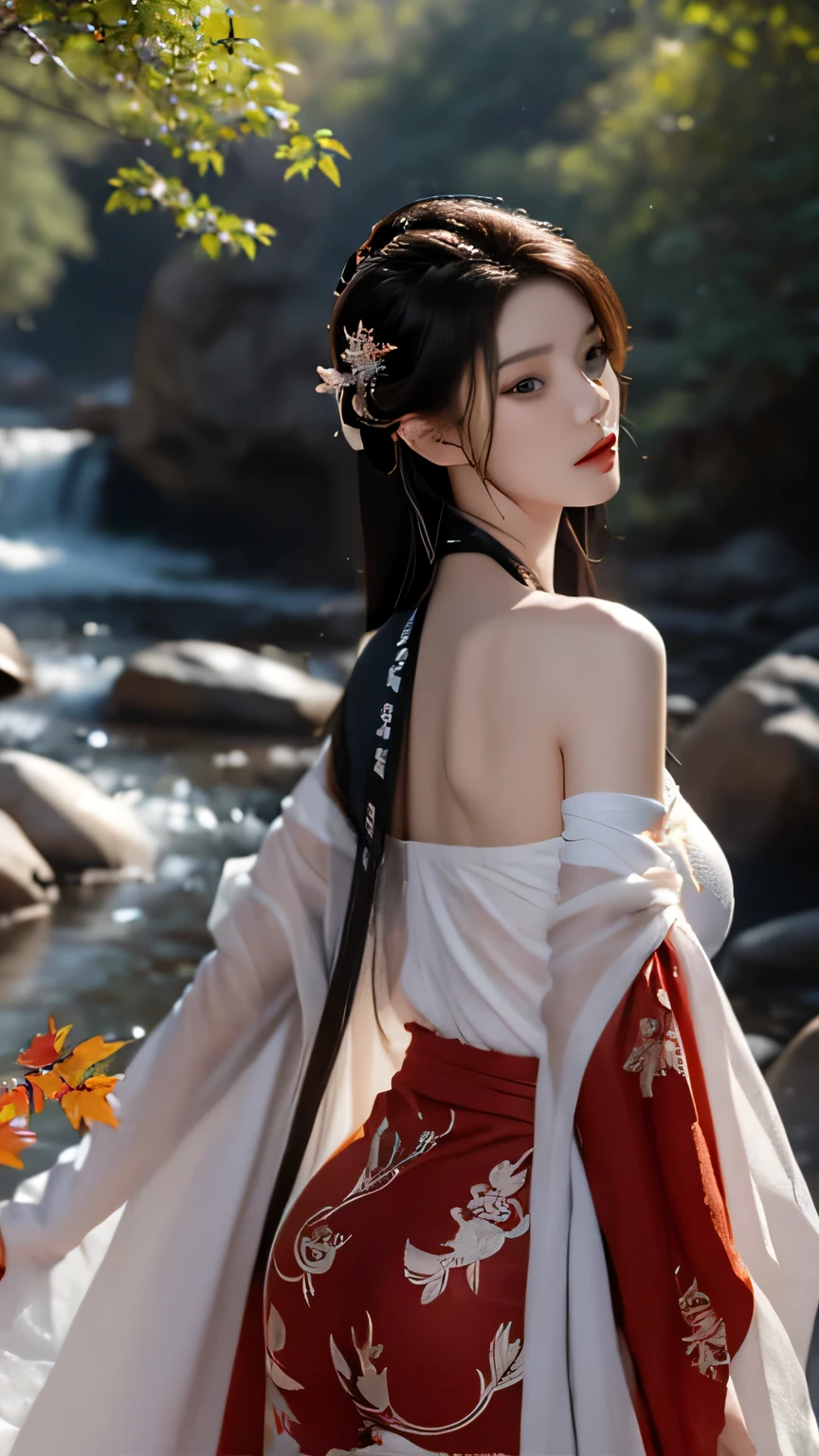 (Extremely detailed CG unified 8k wallpaper,masterpiece),(best lighting, best shadow, extremely delicate and beautiful),(1 boy),blue eyes, black hair,Red and white ethnic style jumpsuit,Comic texture mountain stream and fallen leaves, dynamic poses,