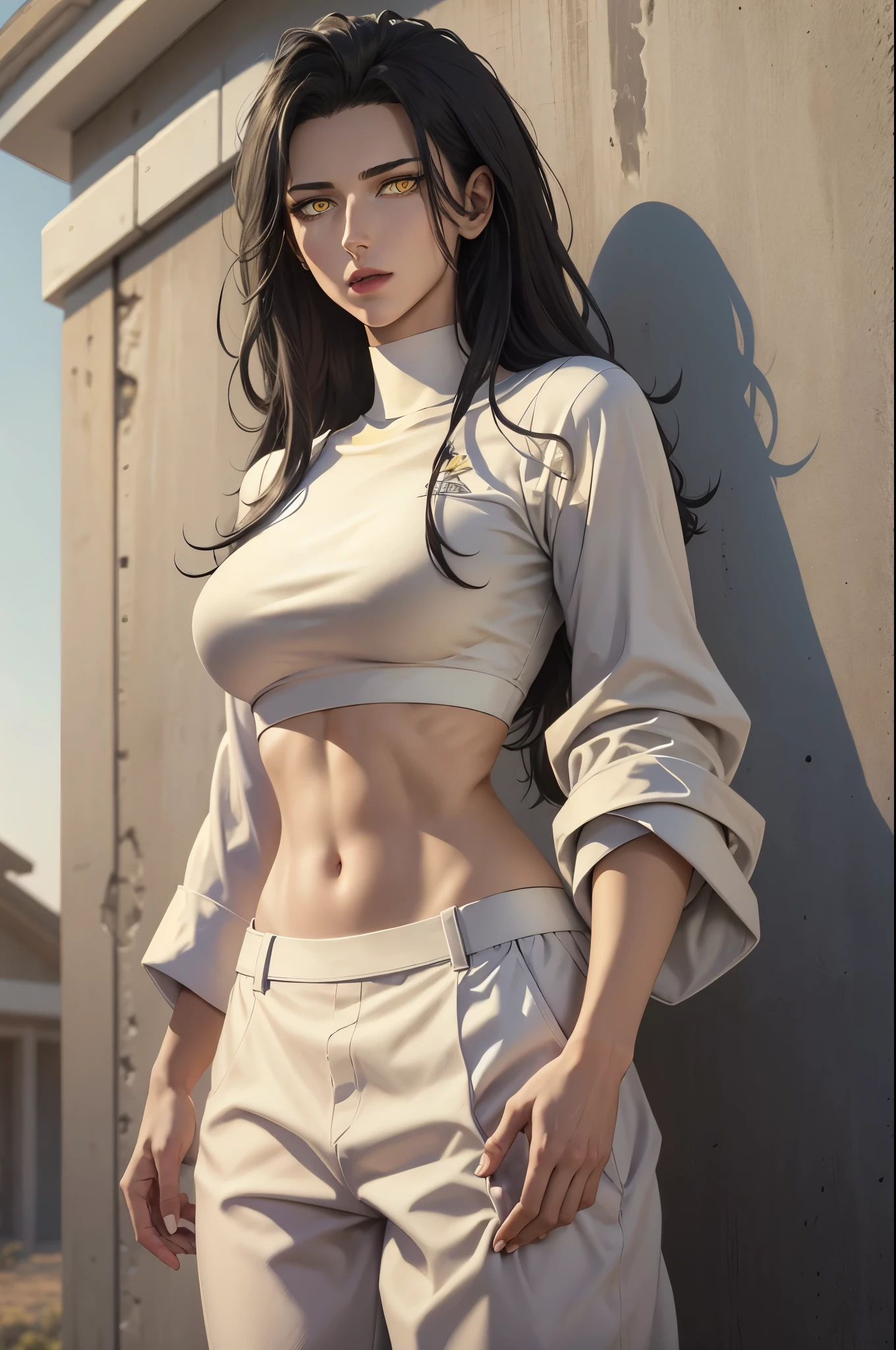 black hair,yellow eyes,(high quality eyes),masterpiece, best quality, high quality, highres, outdoors, looking at viewer, white shirt, crop top, midriff, navel, white pants, Jenny, tall female,
