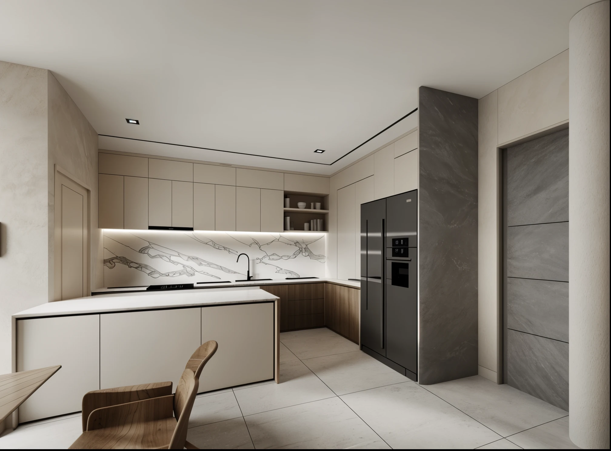 a view of a kitchen with a marble counter top and a refrigerator, excellent 3d render, 3d rendering, 3 d rendering, highly photographic render, stuning 3 d render, high-quality render, kitchen, precise architectural rendering, award-winning render, professional render, exquisite rendering, residential design, high quality 3d render, high quality 3 d render