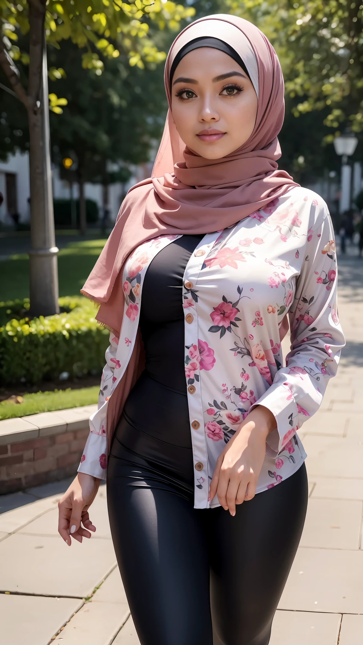 RAW, Best quality, high resolution, masterpiece: 1.3), beautiful Malay woman in hijab, Masterpiece, perfect fit body, big breasts, big beautiful eyes, Soft smile, wearing oversized floral shirt & tight leggings, going for a walk evening, City park, Excellent lighting, Bright colors, Ultra realistic clean lines, very realistic