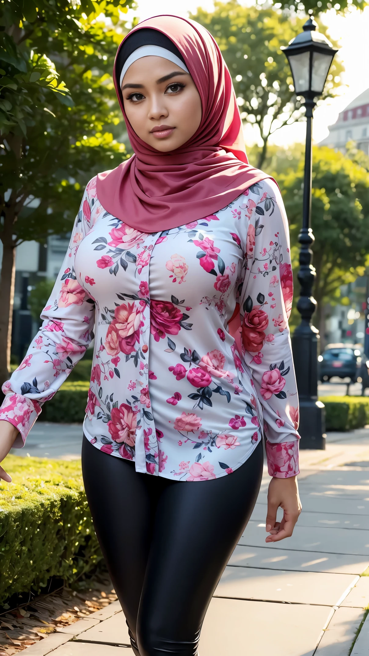 RAW, Best quality, high resolution, masterpiece: 1.3), beautiful Malay woman in hijab, Masterpiece, perfect fit body, big breasts, big beautiful eyes, Soft smile, wearing oversized floral shirt & tight leggings, going for a walk evening, City park, Excellent lighting, Bright colors, Ultra realistic clean lines, very realistic