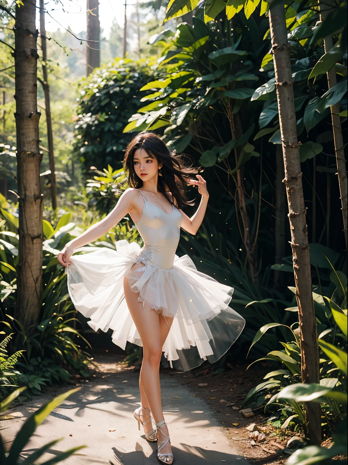 high quality, 8K, realistic,photo realistic,RAW photo,photography,High resolution, ultra-definition, highest quality,Dramatic lighting,glitter effect,daytime、in a deep forest、garden、
cowboy shot,break,
A prima donna girl gracefully dances ballet in an empty forest.、Lonely、1 girl、((luxurious and delicate white tutu)),semi-long hair,black hair,black eyes、beautiful feet、