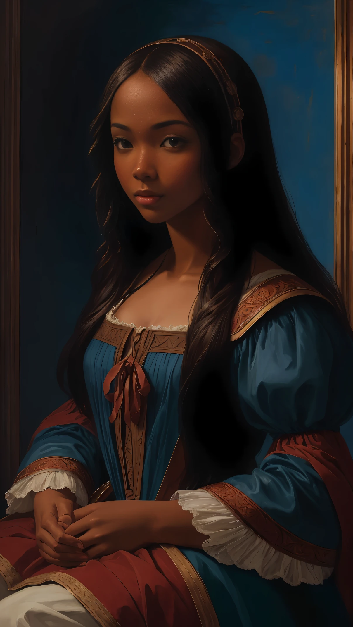 oil painting by Leonardo da Vinci, realistic portrait, closeup face of Gabrielle Union with dark skin, ebony nose, long hair, her eyes are sweet and vibrant, her face symmetrical, rich coffee brown skin, softly lit luminosity on the face by REMBRADT, sitting position, Adobe Illustration, Trending on Artstation, 8K, hd, cinematic, masterpiece, magnificent art, courtesan dress, best quality, romanticism Renaissance period, oil on canvas, rich blue background, matte finish 