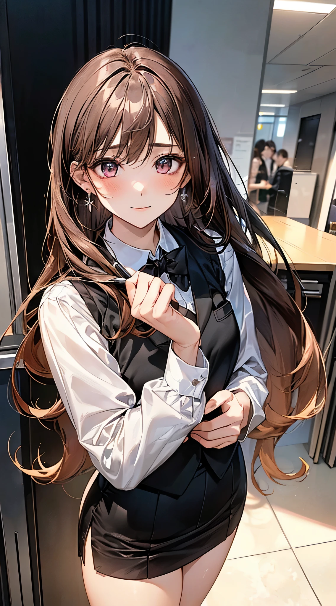 ((((perfect anatomy, Super fine skin)))), 1 girl, , 17 years old, (Delicate and super shiny skin:1.1), enjoy the scenery, (Awkward:1.2), 
beautiful头发, pretty face, Beautiful and delicate eyes, (long hair:1.4, straight hair:1.7), light brown hair, (beautiful large s:1.3), earrings, 
beautiful锁骨, beautiful身体, beautiful, 美丽thigh, beautiful legs, beautiful-detailed fingers, five fingers, baby face, , , 
(((Long Sleeve White Shirt, Black suit vest:1.4, Black skinny miniskirt:1.4, a black bowtie, ), Thighs are shiny, pink, Very, crotch, thigh, camel toe)), 
(beautiful风景), office, permanent, skirt lift by yourself,  , 
(8k, quality, masterpiece​:1.2, Very详细, , ), (lifelike), beautiful插图, Cinema lighting,