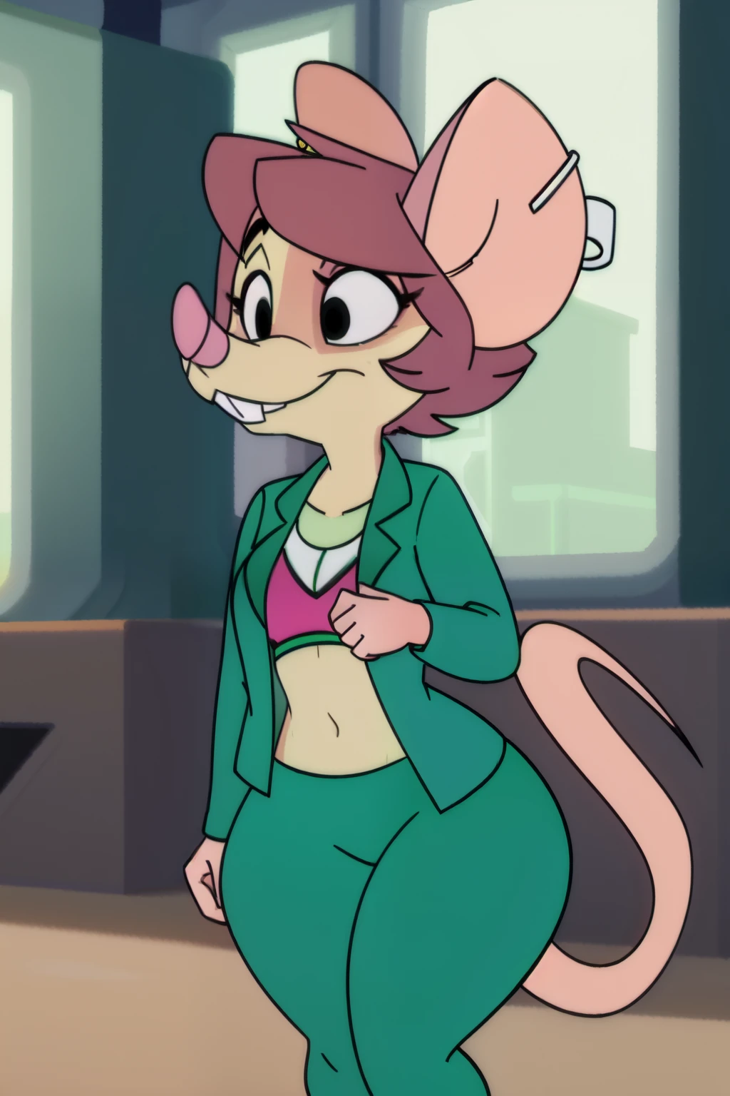 1girl, (anthro furry:1.4), SDJuliaMouse, (mouse, snout, ear clip, buckteeth), (green pencil skirt, green jacket, blouse), ((best quality:1.4), highres, crisp clean), thick thighs, wide hips, navel, jacket lift, pink bra, pink panties, (mouse tail:1.1), realistic fur, by siroc