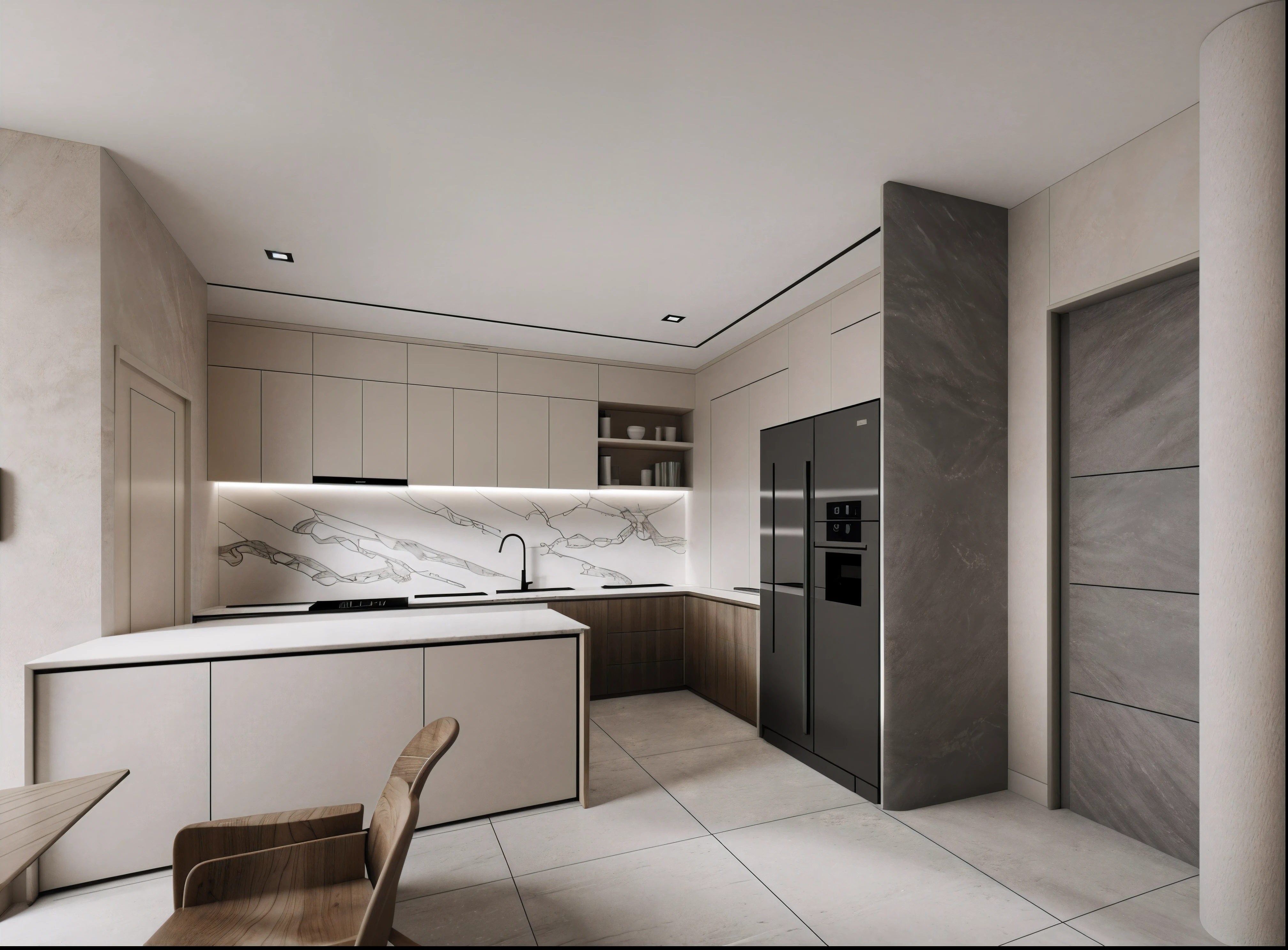 a view of a kitchen with a marble counter top and a refrigerator, excellent 3d render, 3d rendering, 3 d rendering, highly photographic render, stuning 3 d render, high-quality render, kitchen, precise architectural rendering, award-winning render, professional render, exquisite rendering, residential design, high quality 3d render, high quality 3 d render