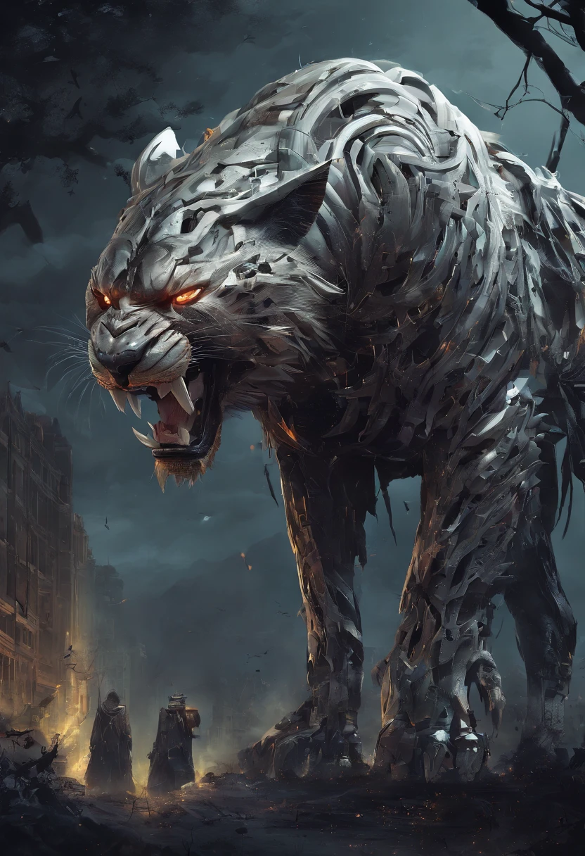 Strange monsters in a fantasy world,sabertooth tiger,long canine teeth,Strong limbs,Covered in flamelood,Covered with thick spikeoon Night,中景 the scene ull body like, highly detailed surreal vfx,oc rendered,Shot with 70 mm - AR 16:9 --q 2 --s 1000