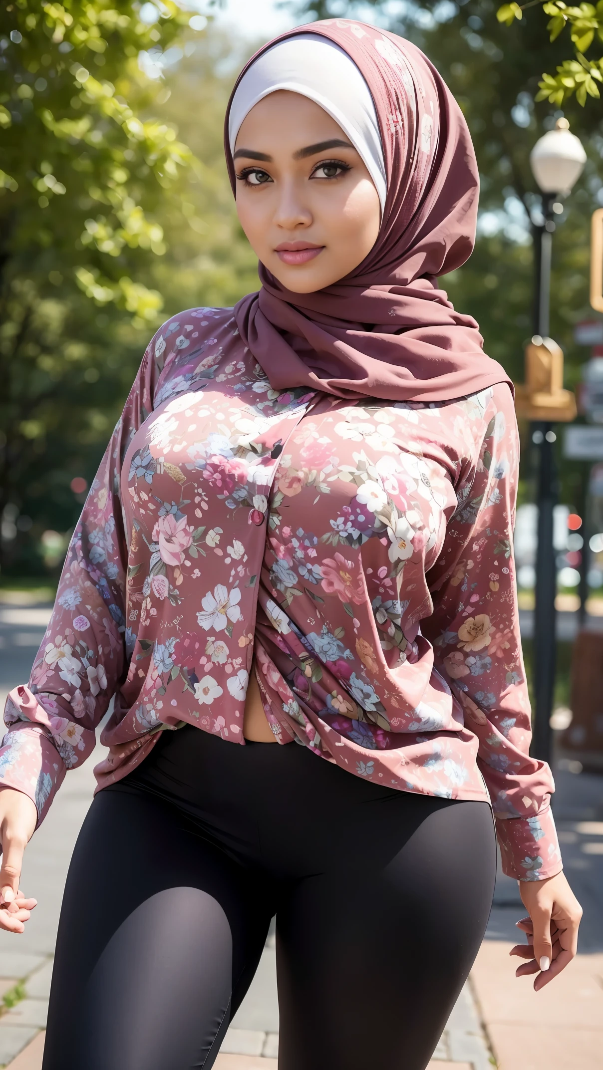 RAW, Best quality, high resolution, masterpiece: 1.3), beautiful Malay woman in hijab, Masterpiece, perfect fit body, big breasts, big beautiful eyes, Soft smile, wearing oversized floral shirt & tight leggings, going for a walk evening, City park, Excellent lighting, Bright colors, Ultra realistic clean lines, very realistic