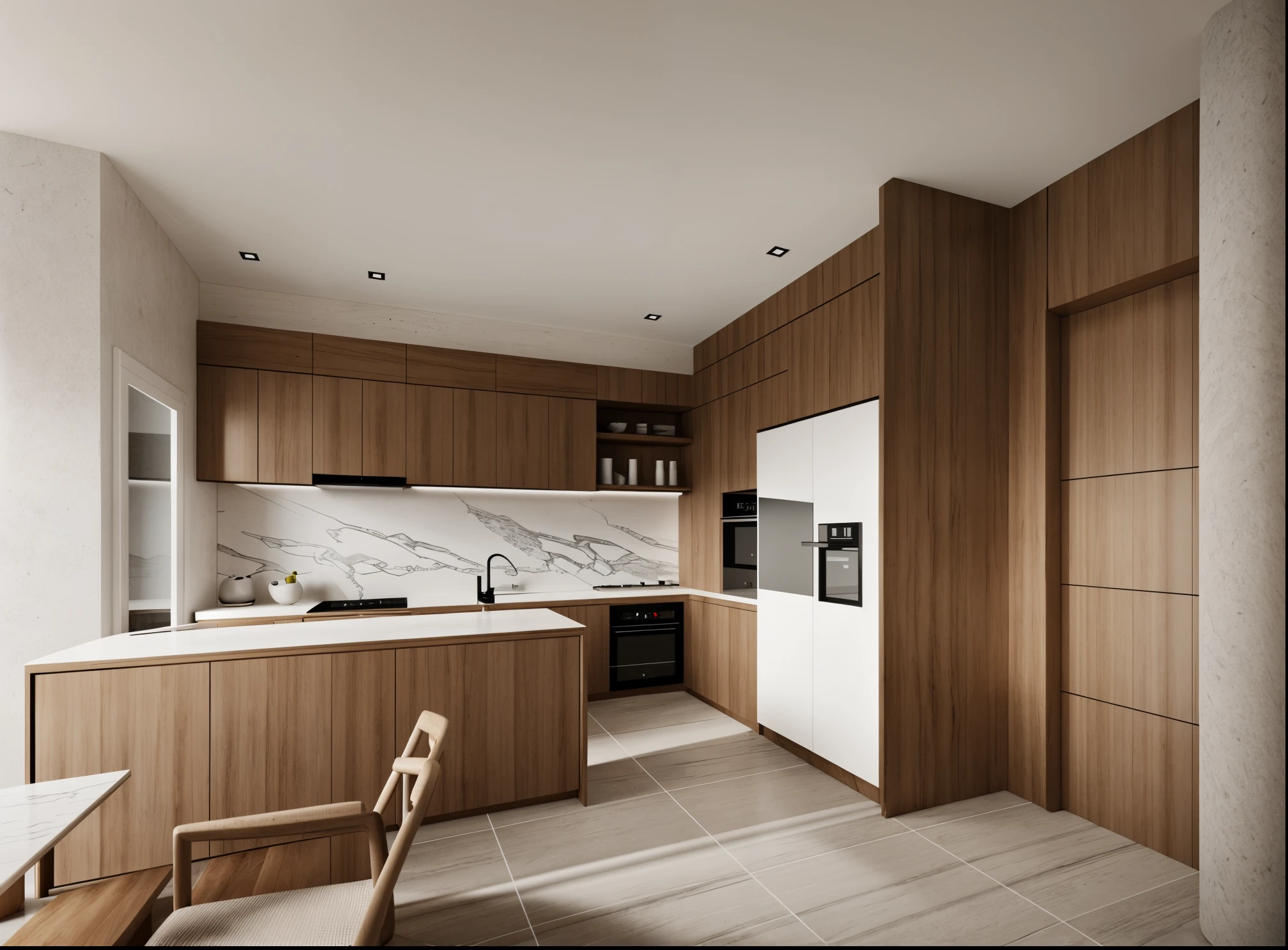 a view of a kitchen with a marble counter top and a refrigerator, excellent 3d render, 3d rendering, 3 d rendering, highly photographic render, stuning 3 d render, high-quality render, kitchen, precise architectural rendering, award-winning render, professional render, exquisite rendering, residential design, high quality 3d render, high quality 3 d render