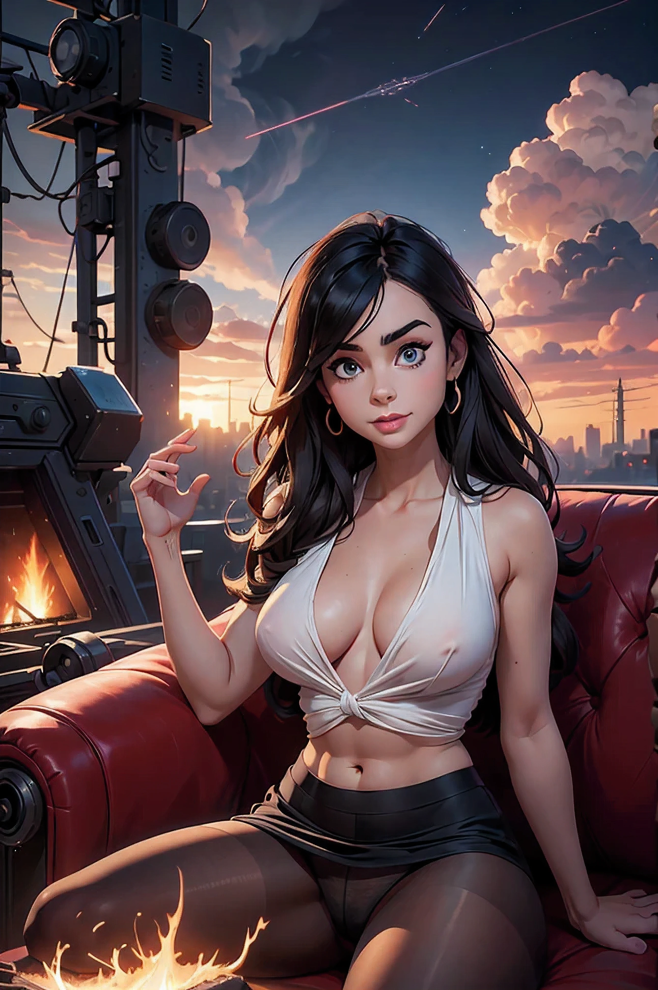 an adult story featuring a topless girl sitting on a couch with her chest out, 1 girl, chest, nipple, alone, underwear, long hair, pantyhose, panties, black hair, panties under pantyhose, belly button, skirt, looking at the viewer, Raise your hand, open clothes, open shirt, one side up, shirt, cover, knit dress、 groin and armpits 、Open your thighs in an M shape、Please open your thighs wide.、ultra high resolution、masterpiece、highest quality、 highly detailed face、fine eyes、Very difficult、完璧な光沢のある光沢のあるskin、perfect lighting、detailed lighting、ドラマチックな影のmasterpiece、best image quality:1.2、{slight smile}、(cute)、Depth of written boundary、sharp focus:3.0, Lily Collins,expensive,skin,upper body shorts,intricate finish,icon,company logo,Emit blue light,With background,future technology,cyberpunk city,Large machinery building,Big gears,Doomsday ruins,Giant tornado,blue sky and white clouds,Lightning thunder,sunset fire cloud、Multiple planets,end of the world,Giant tornado