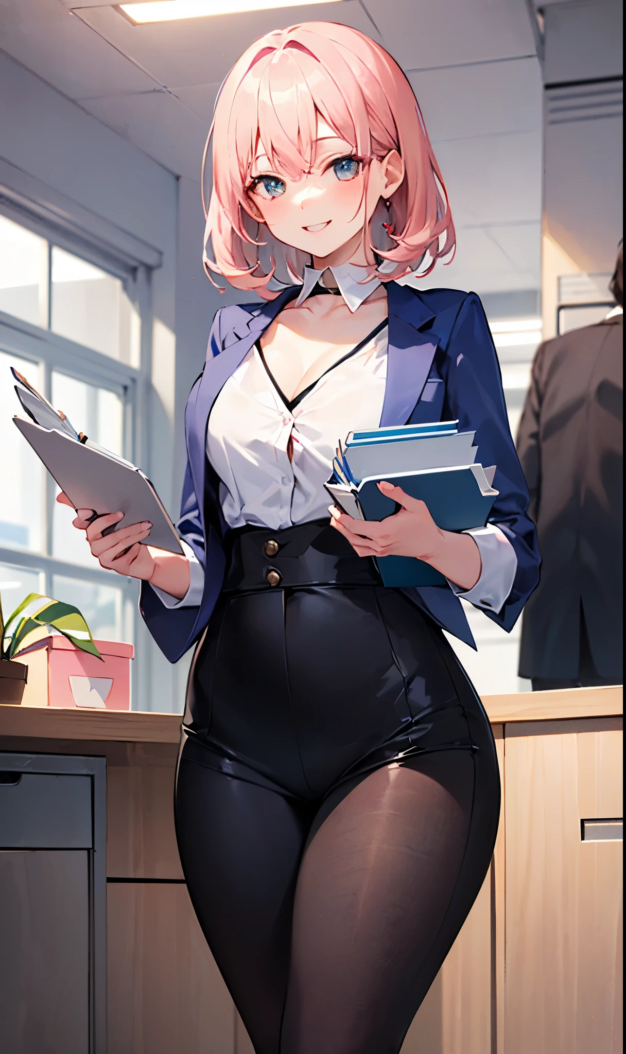 ((masterpiece, the best)), (1 girl), (mature woman), light pink hair, trumpet, ((office lady), Bangs, Medium chest, (full), Slim, Smile, [wide hips], office, permanent, Aru \ (blue file),