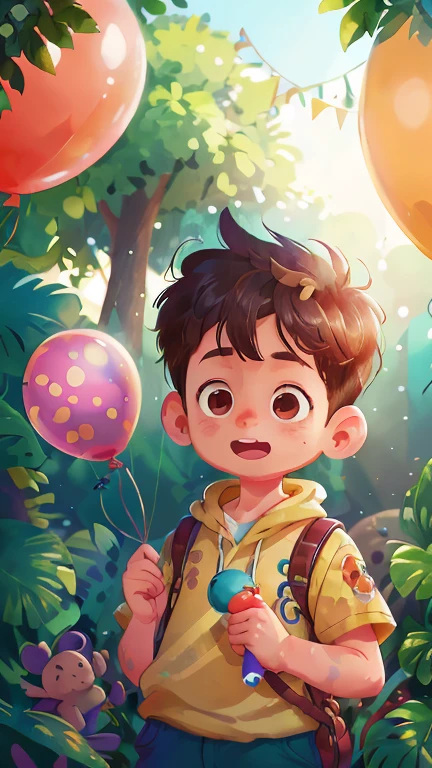 A boy, zoo, many balloons, happy, happy, perfect quality, clear focus (clutter - home: 0.8), (masterpiece: 1.2) (realistic: 1.2) (bokeh) (best quality) (detailed skin: 1.3) (intricate details) (8K) (detail eyes) (sharp focus), (happy)