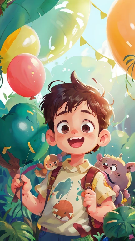 A boy, zoo, many balloons, happy, happy, perfect quality, clear focus (clutter - home: 0.8), (masterpiece: 1.2) (realistic: 1.2) (bokeh) (best quality) (detailed skin: 1.3) (intricate details) (8K) (detail eyes) (sharp focus), (happy)